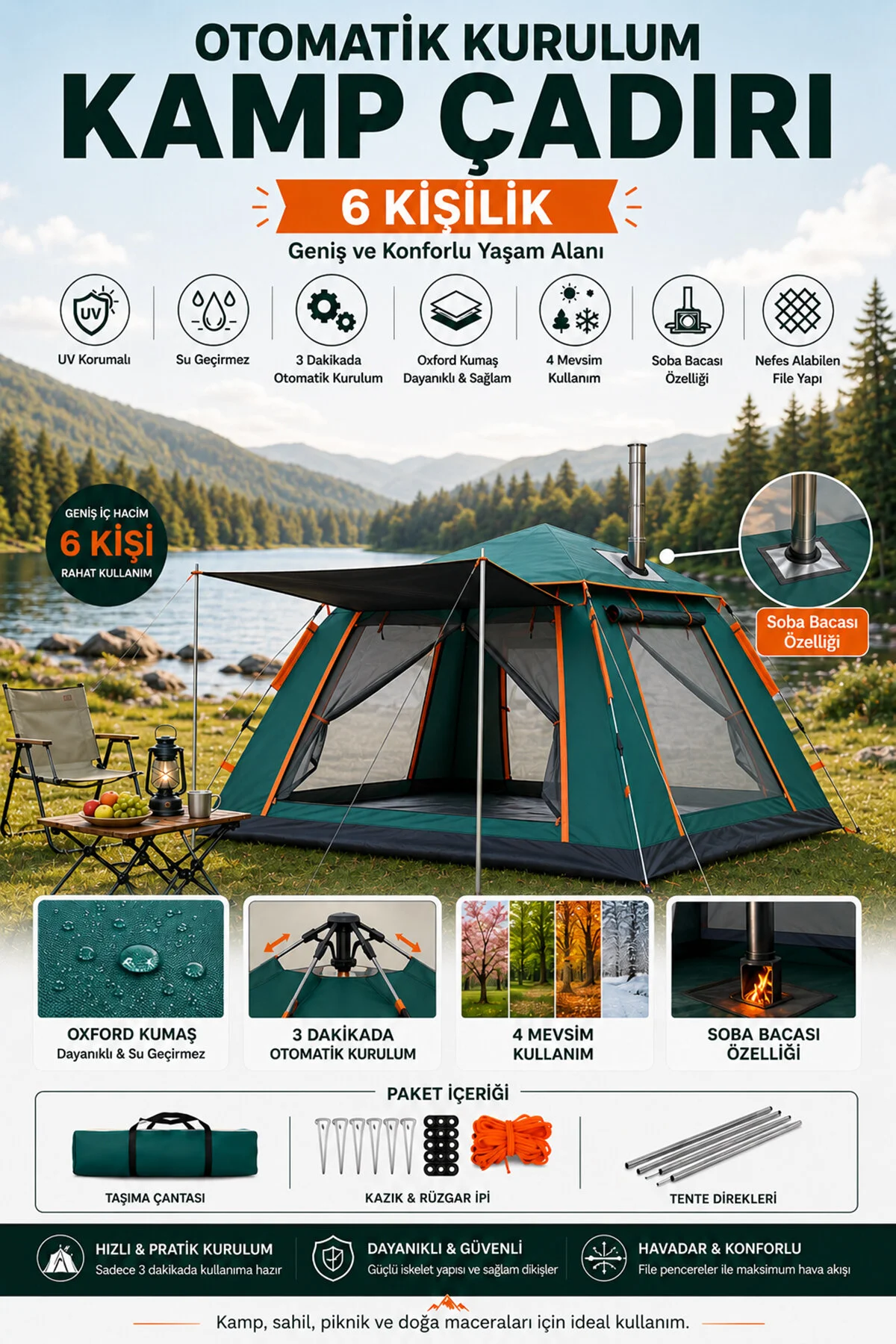 fischerone 6 Kişilik Otomatik Kurulum Kamp Çadırı - Su Geçirmez Tenteli Dayanıklı Outdoor Çadır 240x240x160cm