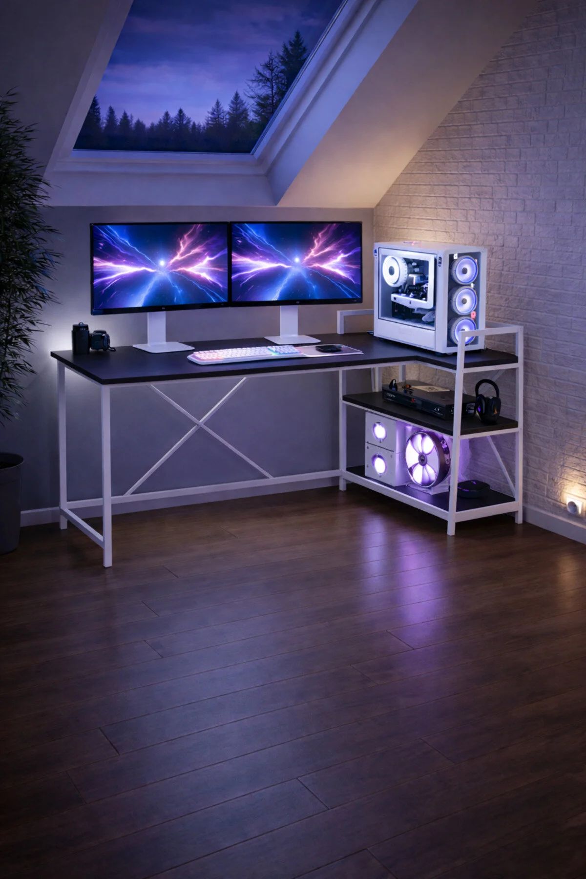 Flinder Siyah/Beyaz Çift Yön Kullanıma Uygun, Raflı Gaming Oyuncu Masası, Bilgisayar Masası, Çalışma Masası