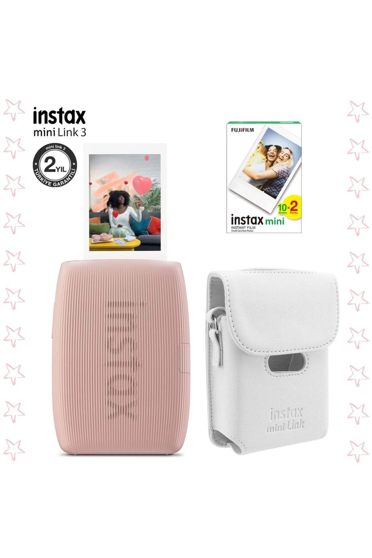 Fujifilm Instax Mini Link 3 Pembe Akıllı Telefon Yazıcısı Beyaz Çanta ve 20'li Mini Film