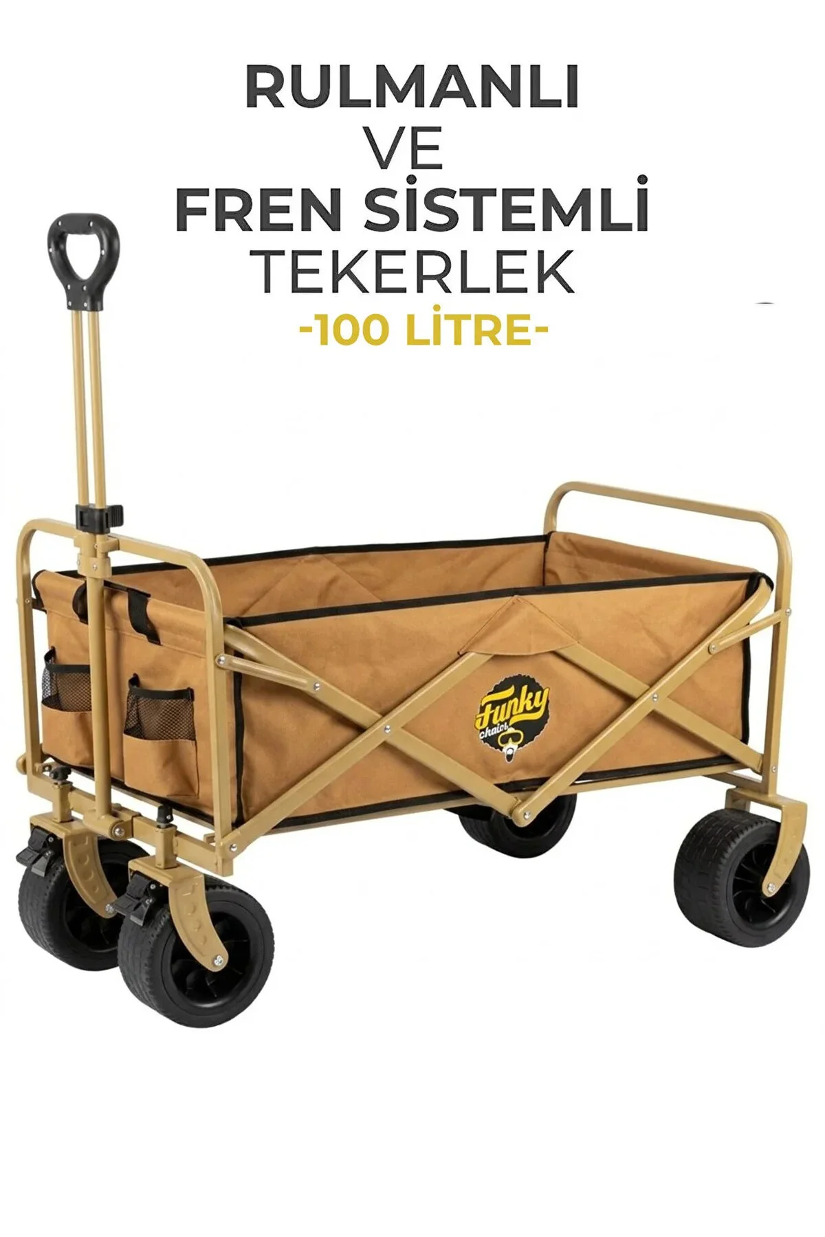 Funky Chairs 100 Litre Fren Sistemli, Rulmanlı, Kalın Teker, XL Boy Katlanır Vagon Plaj Taşıma ve Kamp Arabası - Toprak