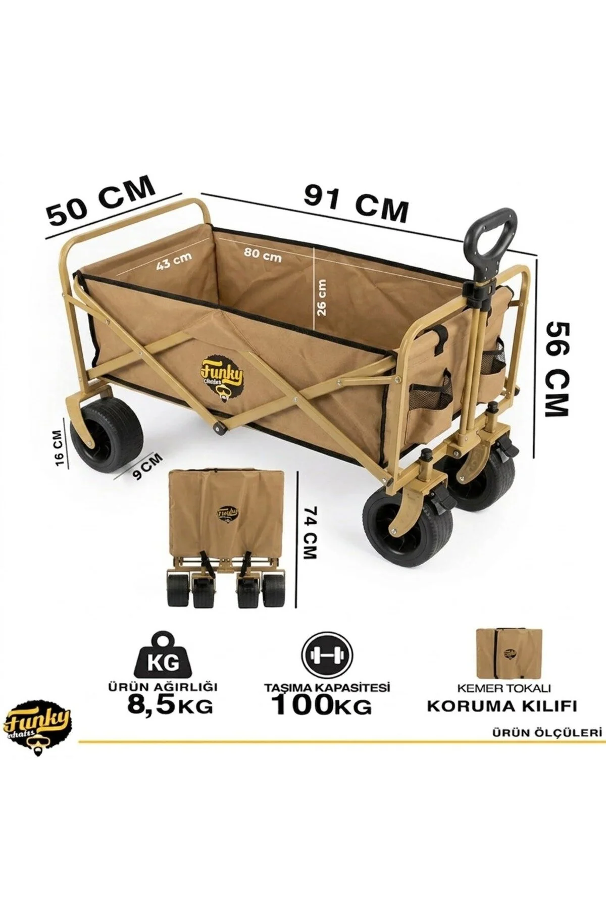 Funky Chairs 100 Litre Fren Sistemli, Rulmanlı, Kalın Teker, XL Boy Katlanır Vagon Plaj Taşıma ve Kamp Arabası - Toprak