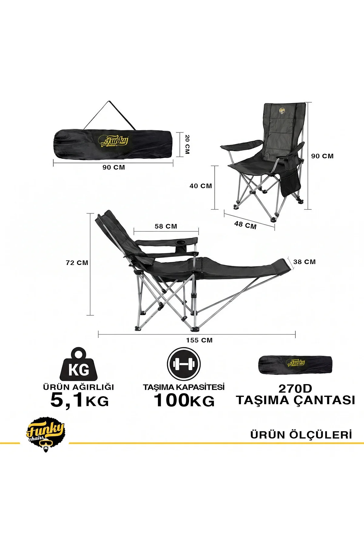 Funky Chairs Legend Plus Şemsiyeli Yatabilen Kamp Sandalyesi - Antrasit