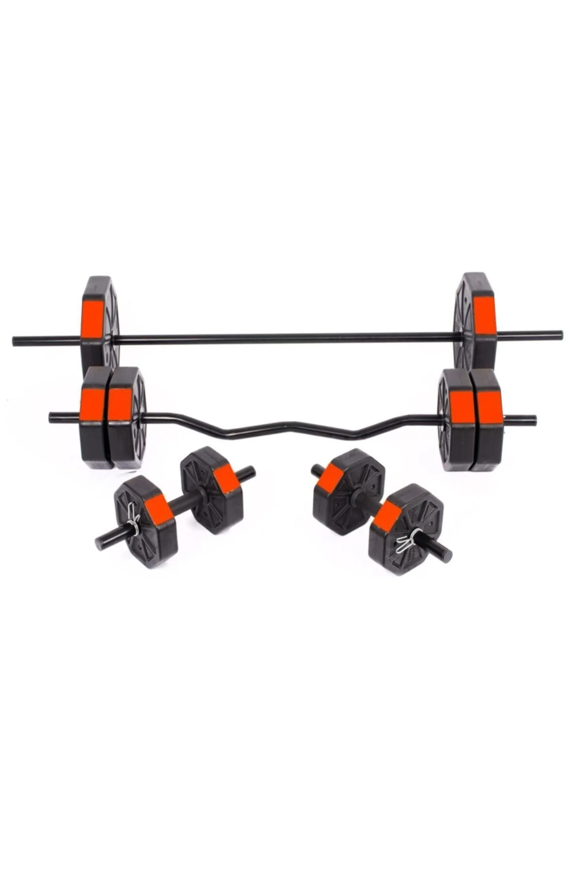 Genel Markalar 50 Kg (150 Cm) Düz Bar + Z Bar Dambıl Dumbell Ağırlık Halter Full Set Kırmızı Kapaklı