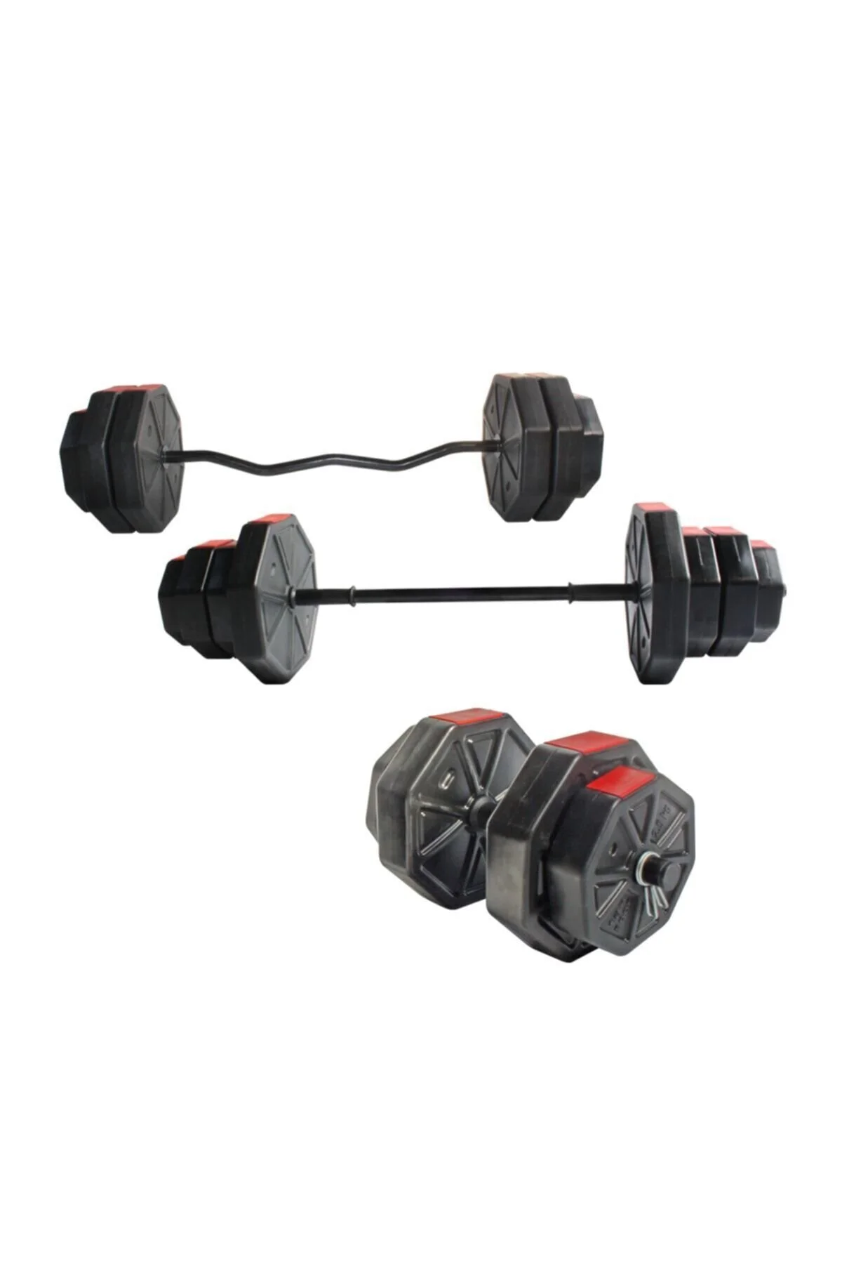 Genel Markalar 50 Kg (150 Cm) Düz Bar + Z Bar Dambıl Dumbell Ağırlık Halter Full Set Kırmızı Kapaklı