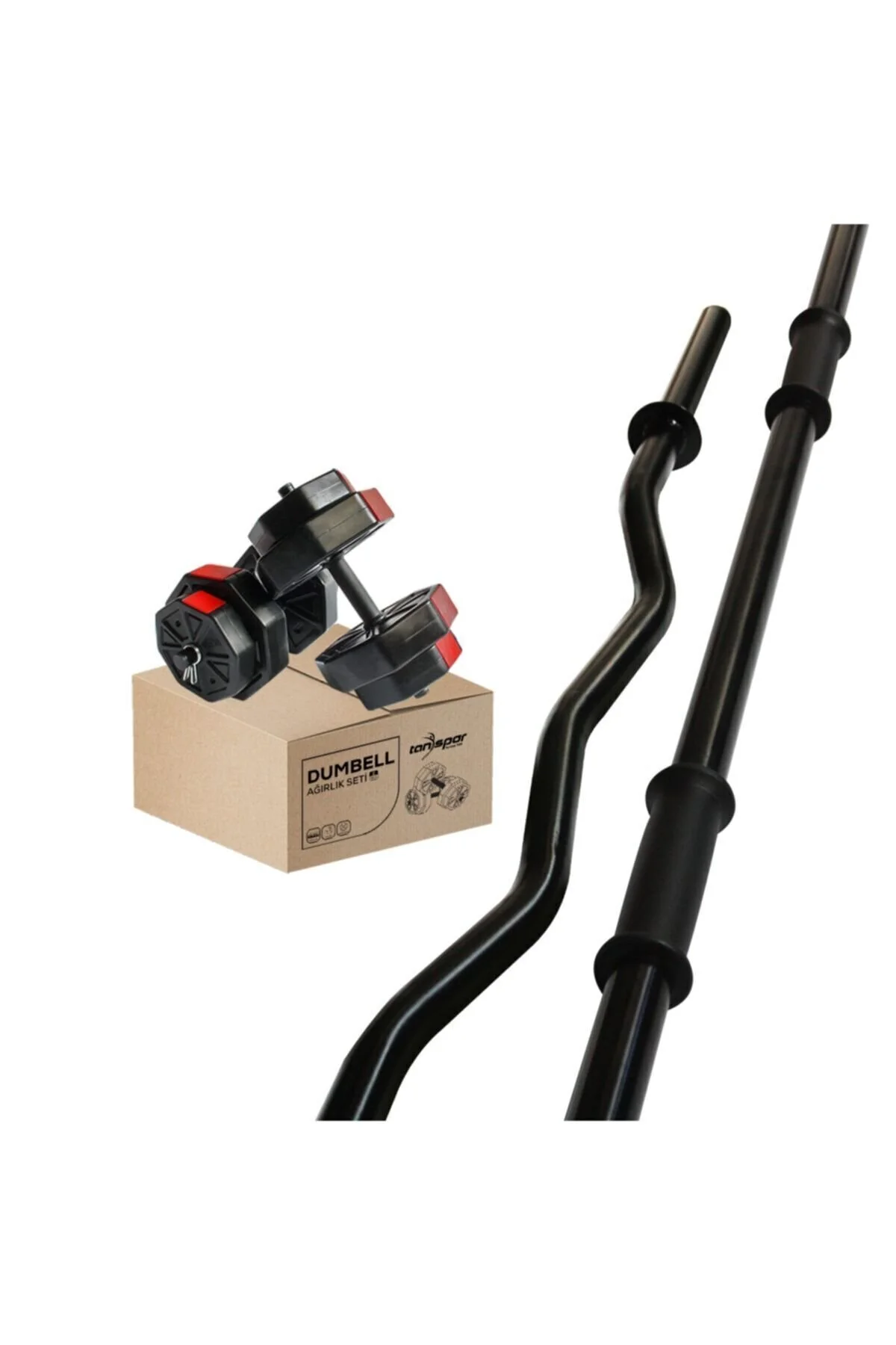 Genel Markalar 50 Kg (150 Cm) Düz Bar + Z Bar Dambıl Dumbell Ağırlık Halter Full Set Kırmızı Kapaklı