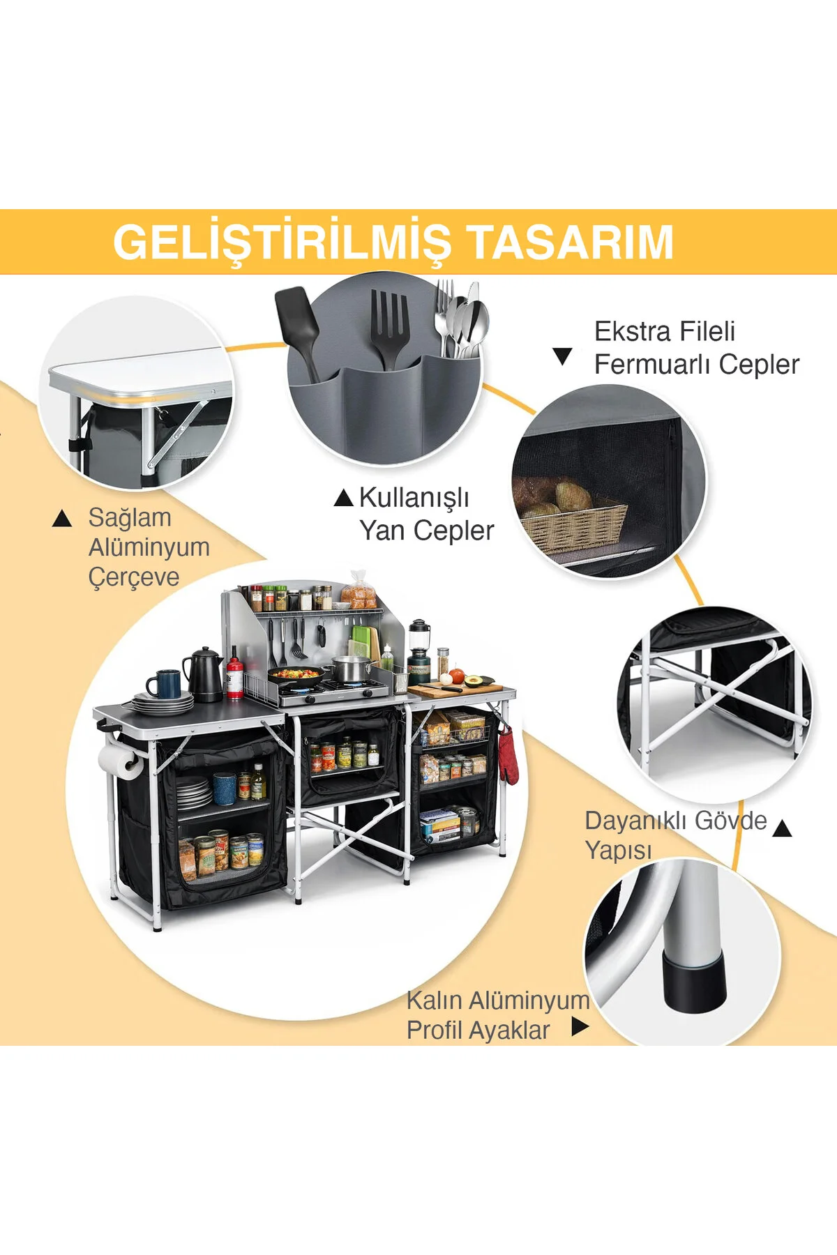 HAEGS Kamp Mutfağı, Katlanır Alüminyum Kamp Yemek Pişirme Tezgahı (3 Dolaplı -Hareli Ceviz Desenli)