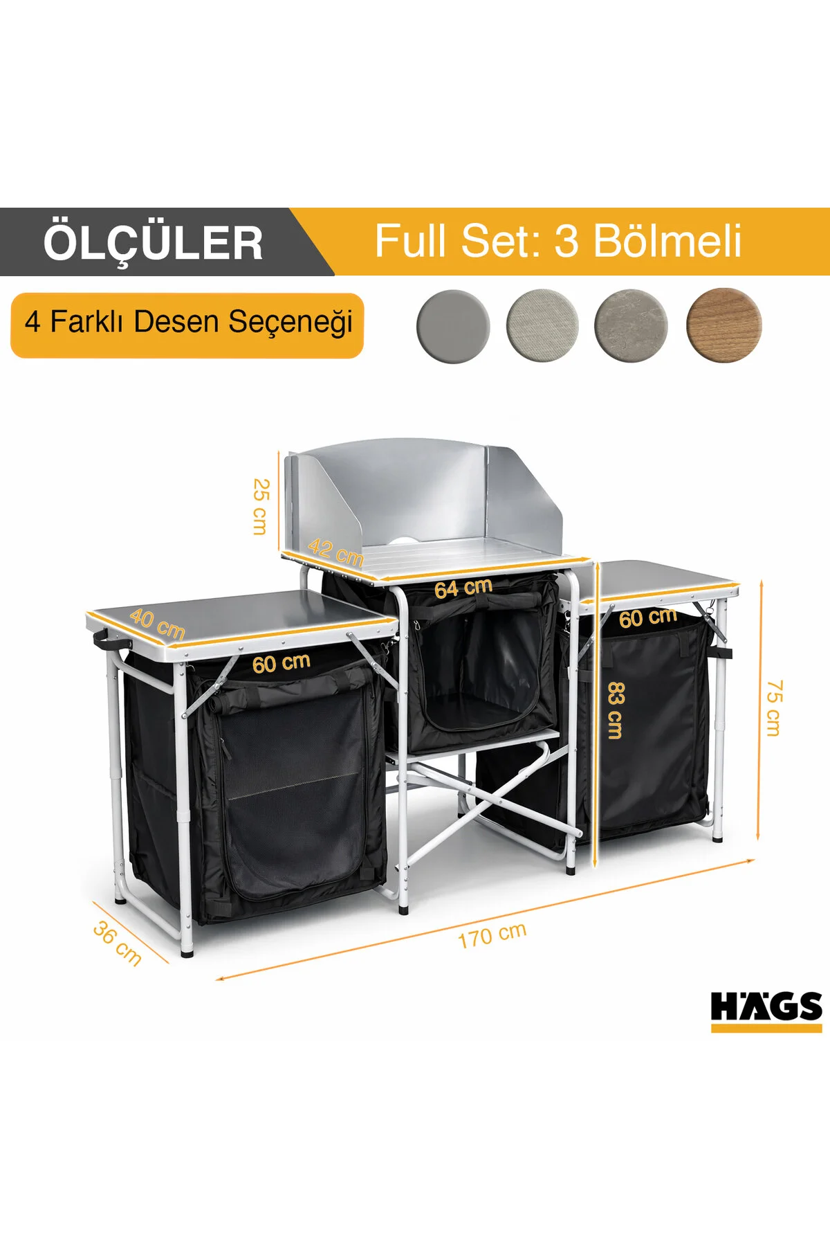 HAEGS Kamp Mutfağı, Katlanır Alüminyum Kamp Yemek Pişirme Tezgahı (3 Dolaplı -Hareli Ceviz Desenli)