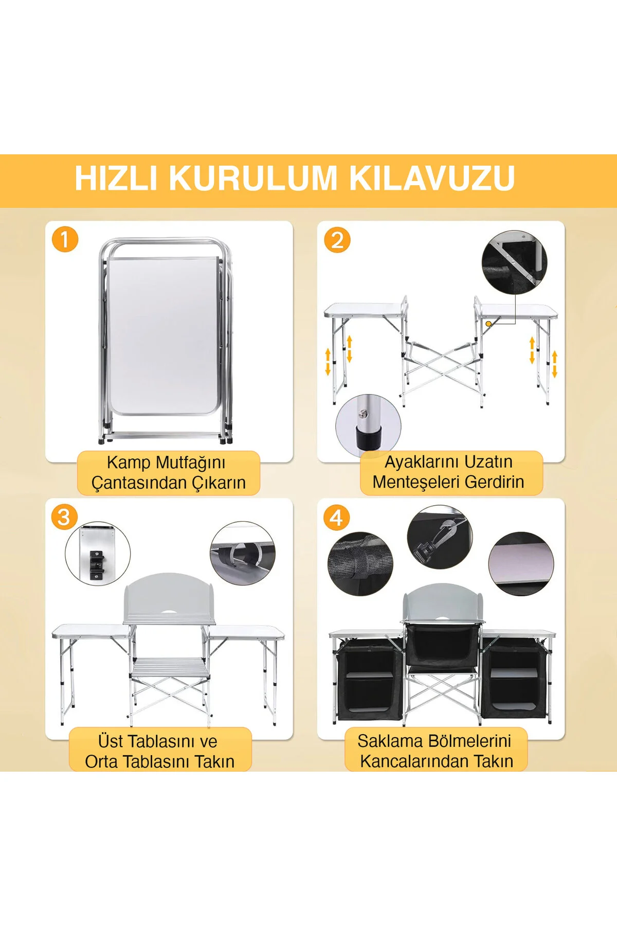 HAEGS Kamp Mutfağı, Katlanır Alüminyum Kamp Yemek Pişirme Tezgahı (3 Dolaplı -Hareli Ceviz Desenli)