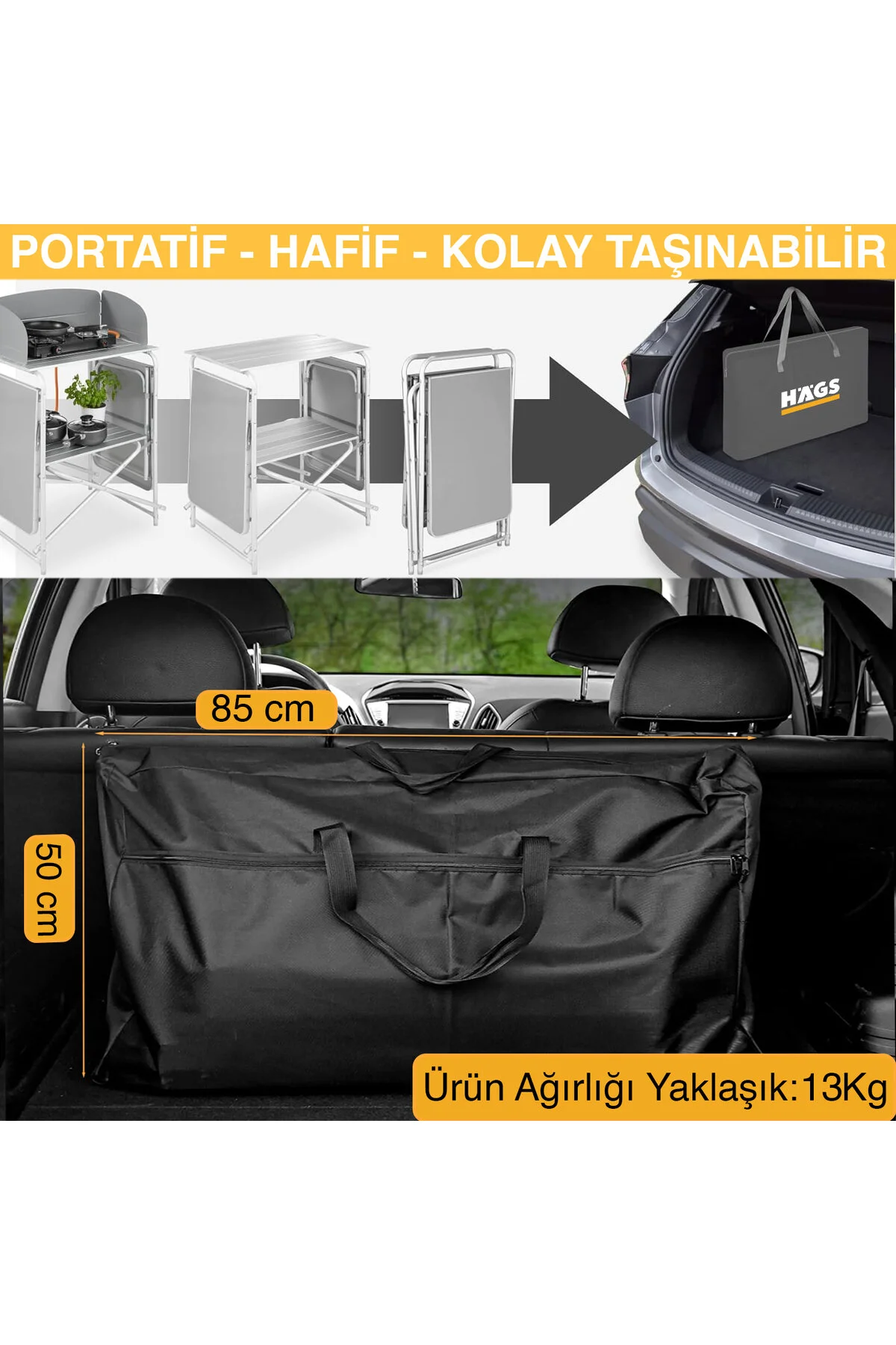 HAEGS Kamp Mutfağı, Katlanır Alüminyum Kamp Yemek Pişirme Tezgahı (3 Dolaplı -Hareli Ceviz Desenli)