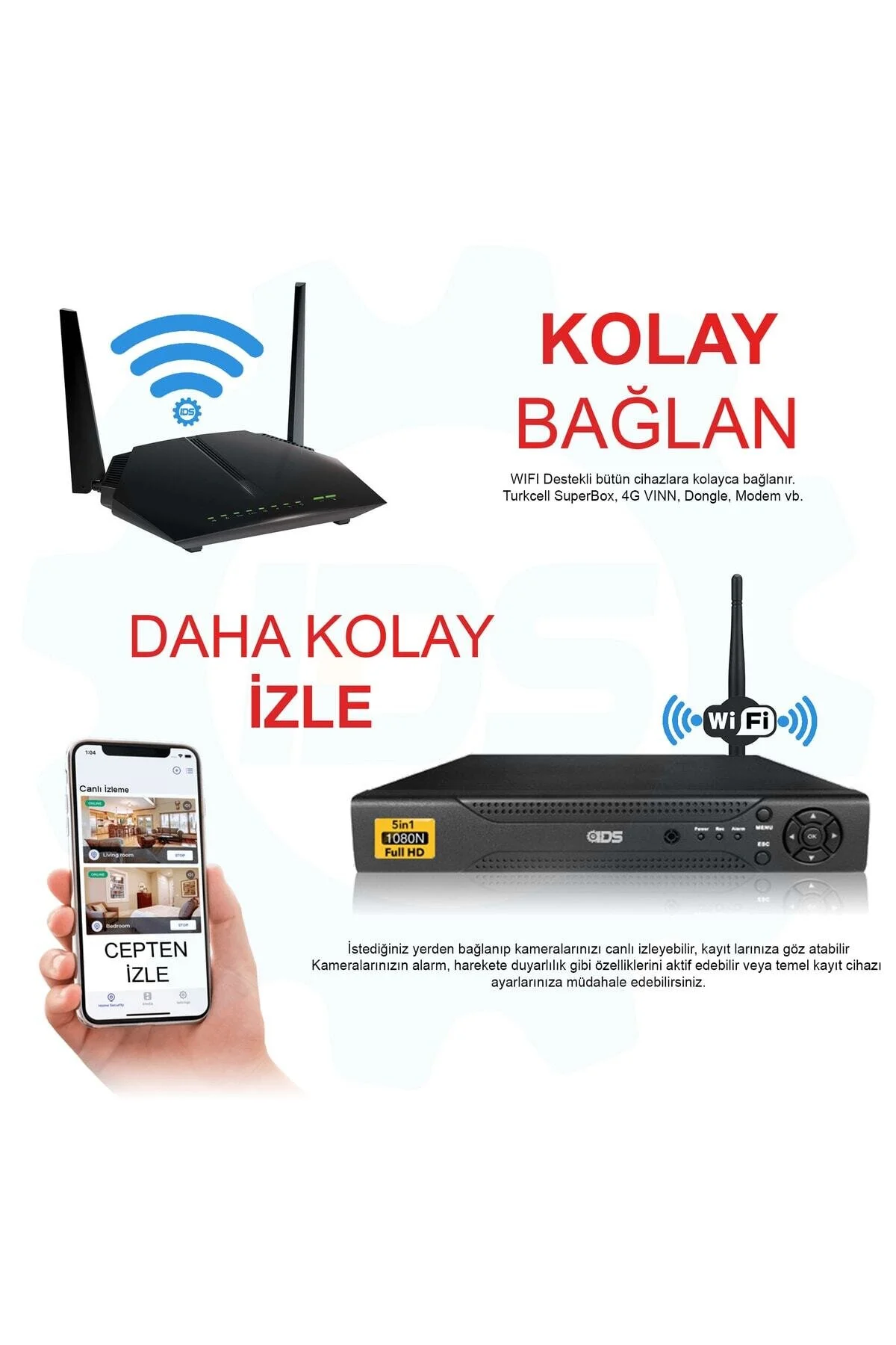 IDS 4 Kameralı Set - 5MP Sony Lensli Full Hd Gece Görüşlü Güvenlik Kamerası Sistemi - Cepten Izle