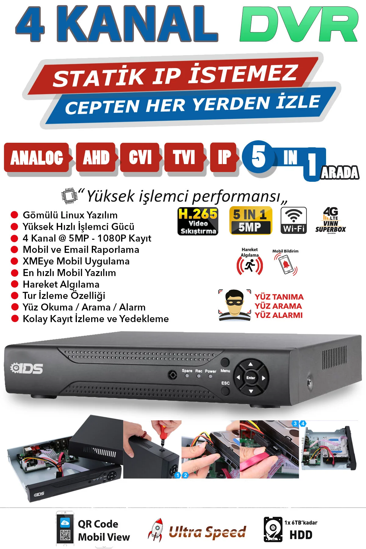 IDS 4 Kameralı Set - 5MP Sony Lensli Full Hd Gece Görüşlü Güvenlik Kamerası Sistemi - Cepten Izle