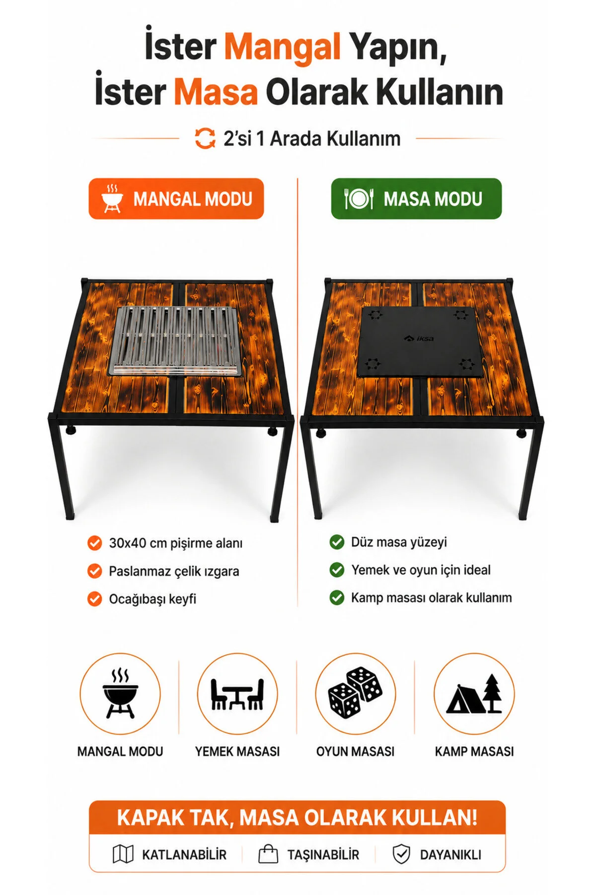 İksa Kamp Masası Mangallı Katlanabilir Piknik Masası 100x70 cm