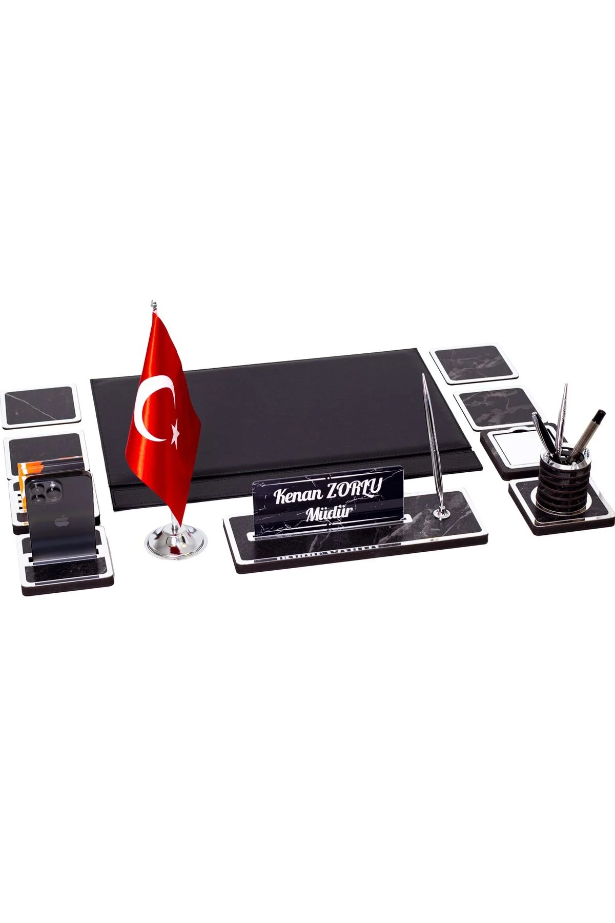 isimliksepeti 11 Parça Türk Bayraklı Mermer Desen Ahşap Sümen Takımı Masa İsimliği Deri Sümen Seti - Gümüş