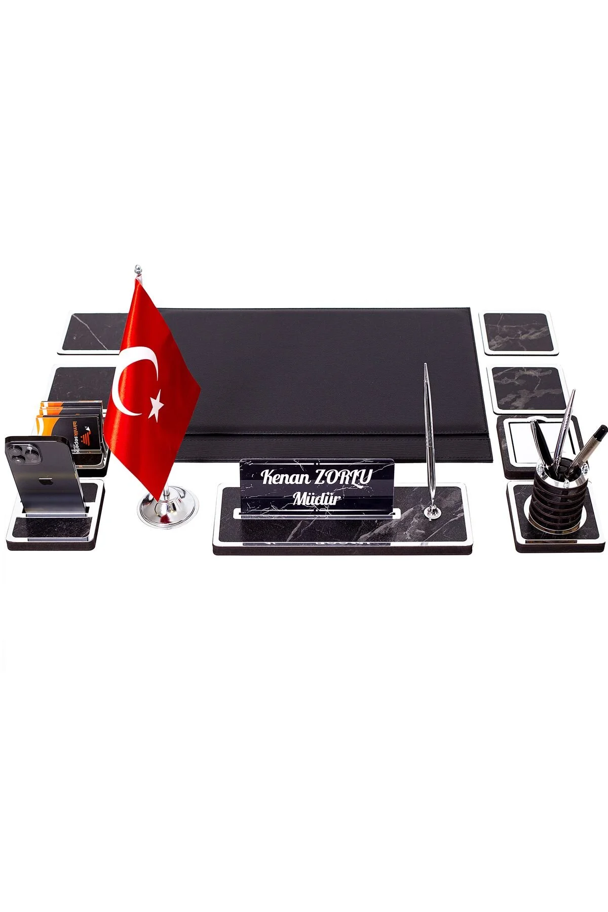 isimliksepeti 11 Parça Türk Bayraklı Mermer Desen Ahşap Sümen Takımı Masa İsimliği Deri Sümen Seti - Gümüş