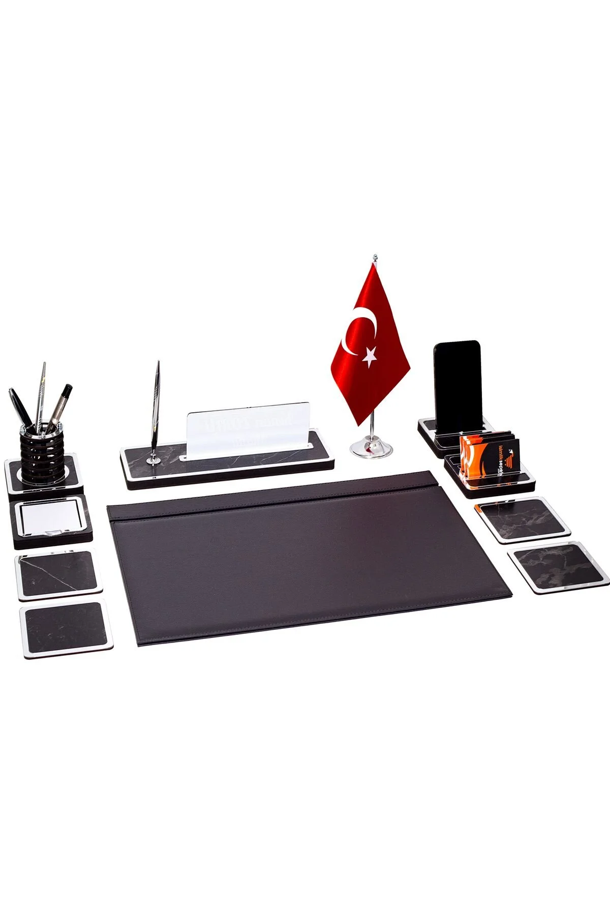 isimliksepeti 11 Parça Türk Bayraklı Mermer Desen Ahşap Sümen Takımı Masa İsimliği Deri Sümen Seti - Gümüş