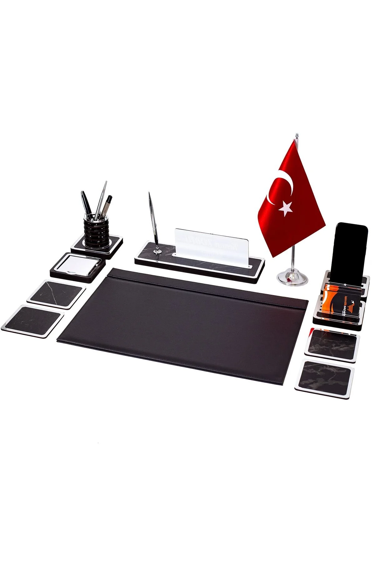 isimliksepeti 11 Parça Türk Bayraklı Mermer Desen Ahşap Sümen Takımı Masa İsimliği Deri Sümen Seti - Gümüş