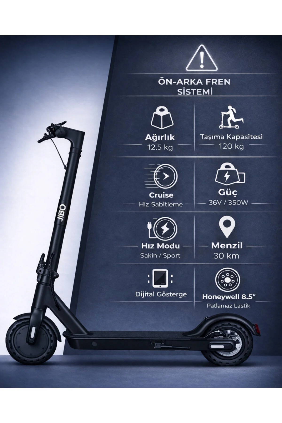 Jibo LCD Ekranlı 350w 120kg Taşıyan Dolgu Lastikli Cruise Kontrollü Elektrikli Scooter Siyah