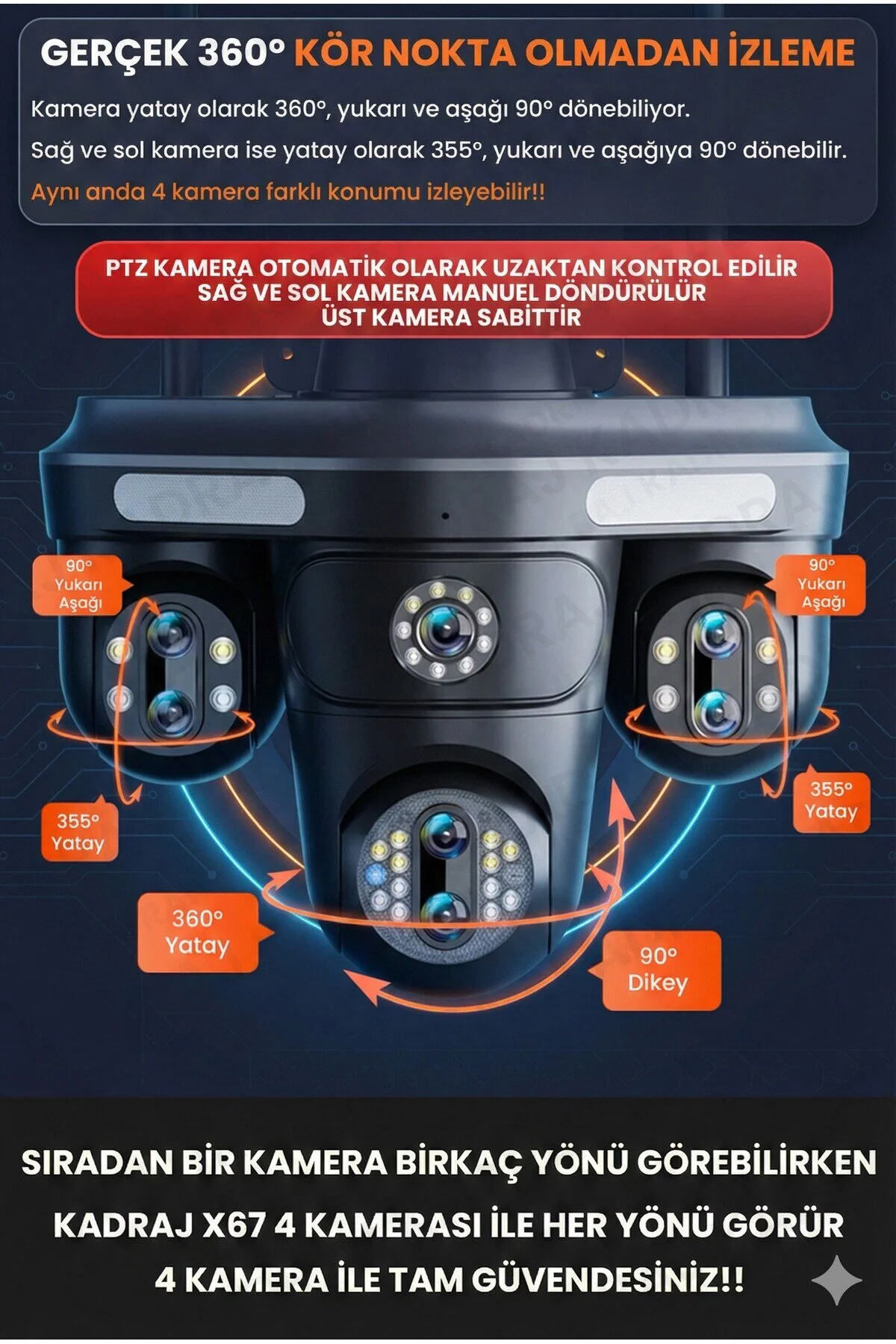 Kadraj Güneş Enerjili Kamera - 4 Kameralı - 300GB TURKCELL Yıllık Sim Kart Dahil + 128GB SD Kart + 2 Solar