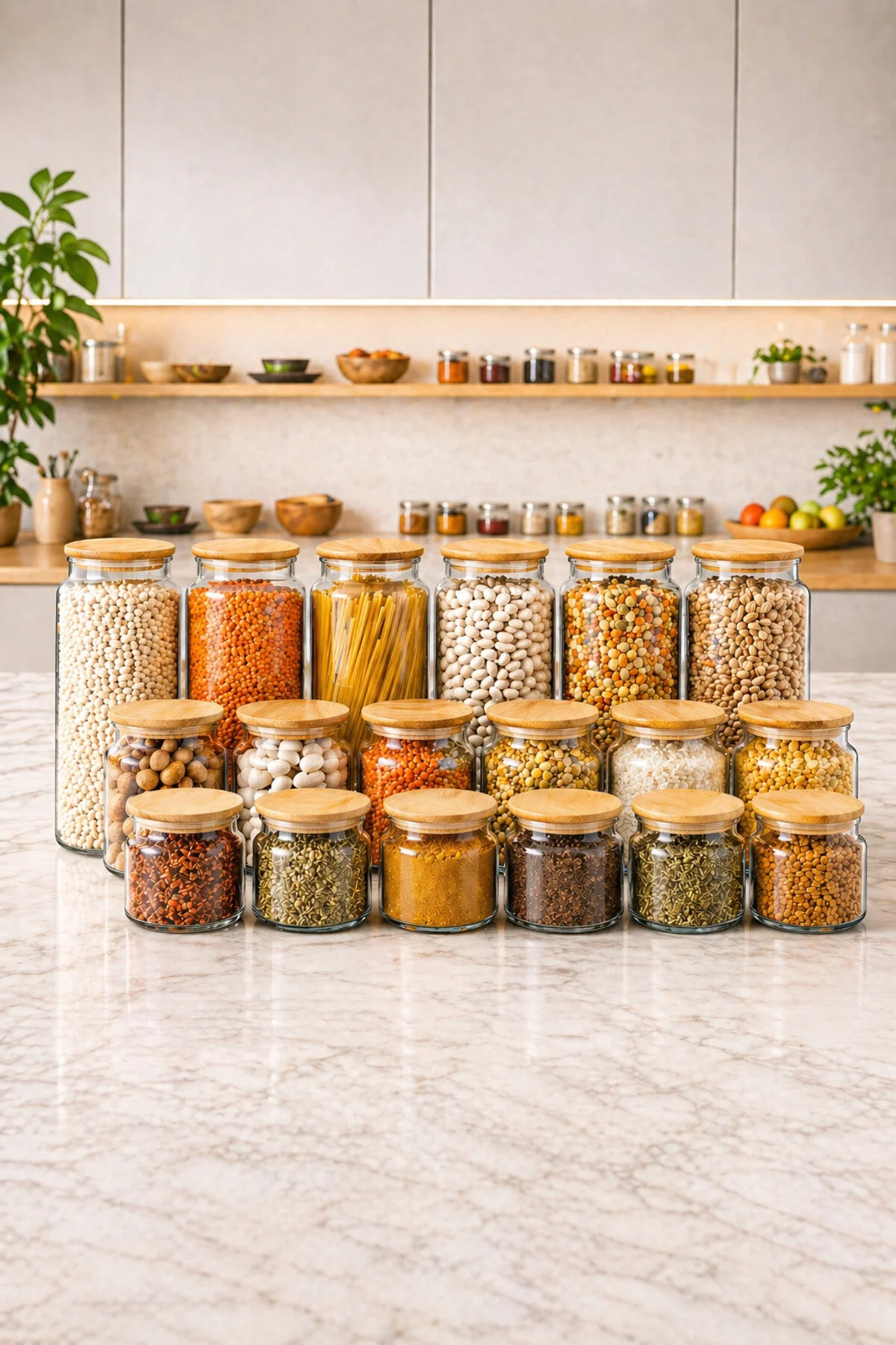 Karçiçeği Home Vakumlu, Bambu Kapaklı 18 Parça Cam Kavanoz Ve Çeyiz Seti 1300-800-500 ml