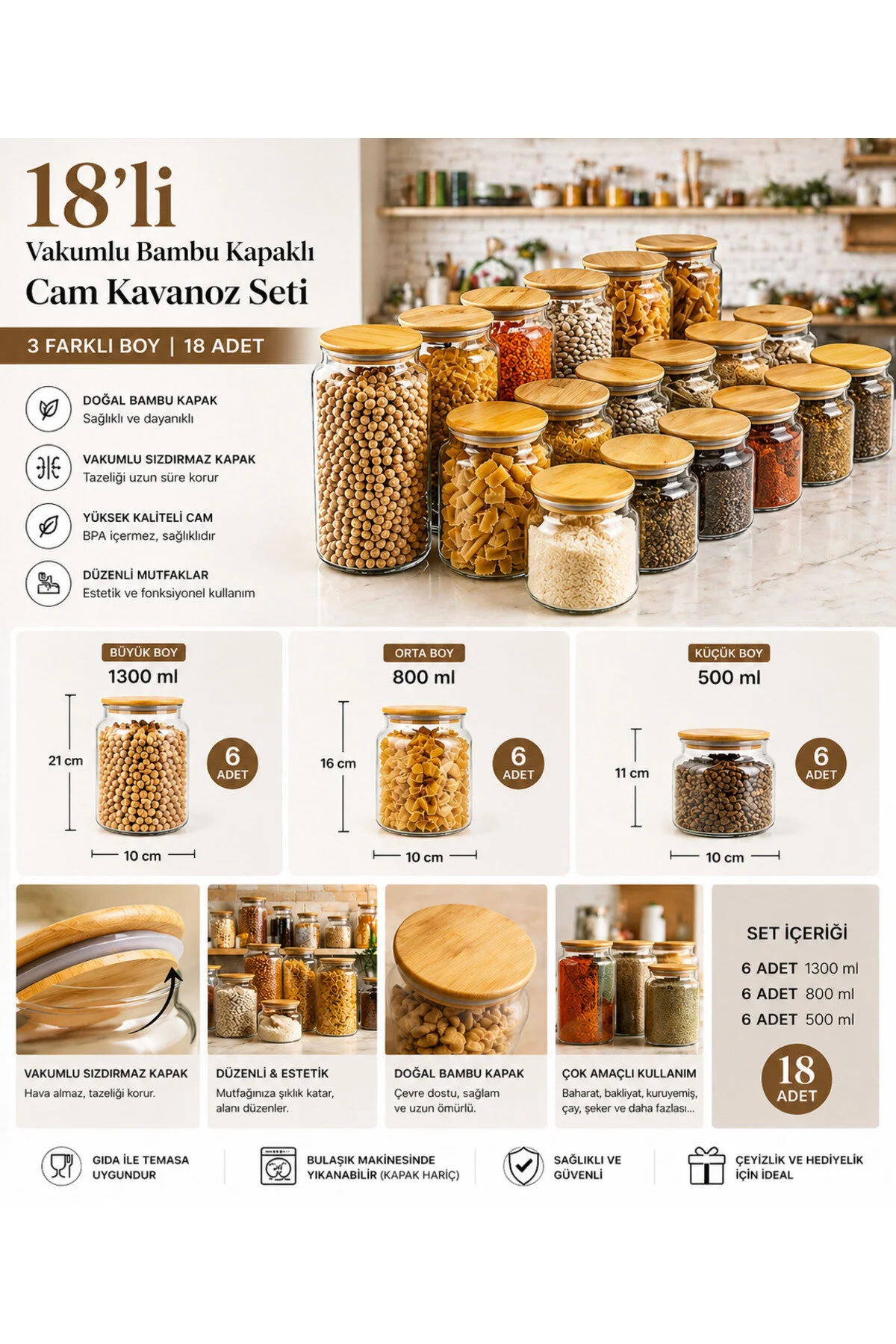 Karçiçeği Home Vakumlu, Bambu Kapaklı 18 Parça Cam Kavanoz Ve Çeyiz Seti 1300-800-500 ml