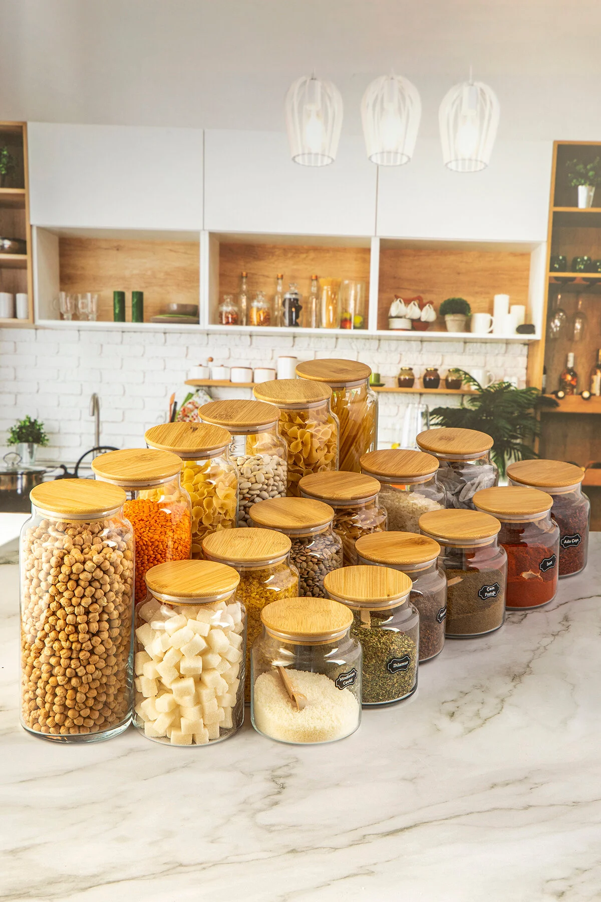 Karçiçeği Home Vakumlu, Bambu Kapaklı 18 Parça Cam Kavanoz Ve Çeyiz Seti 1300-800-500 ml