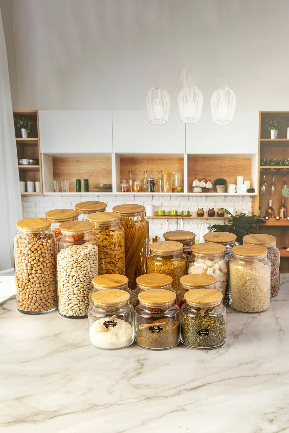 Karçiçeği Home Vakumlu, Bambu Kapaklı 18 Parça Cam Kavanoz Ve Çeyiz Seti 1300-800-500 ml