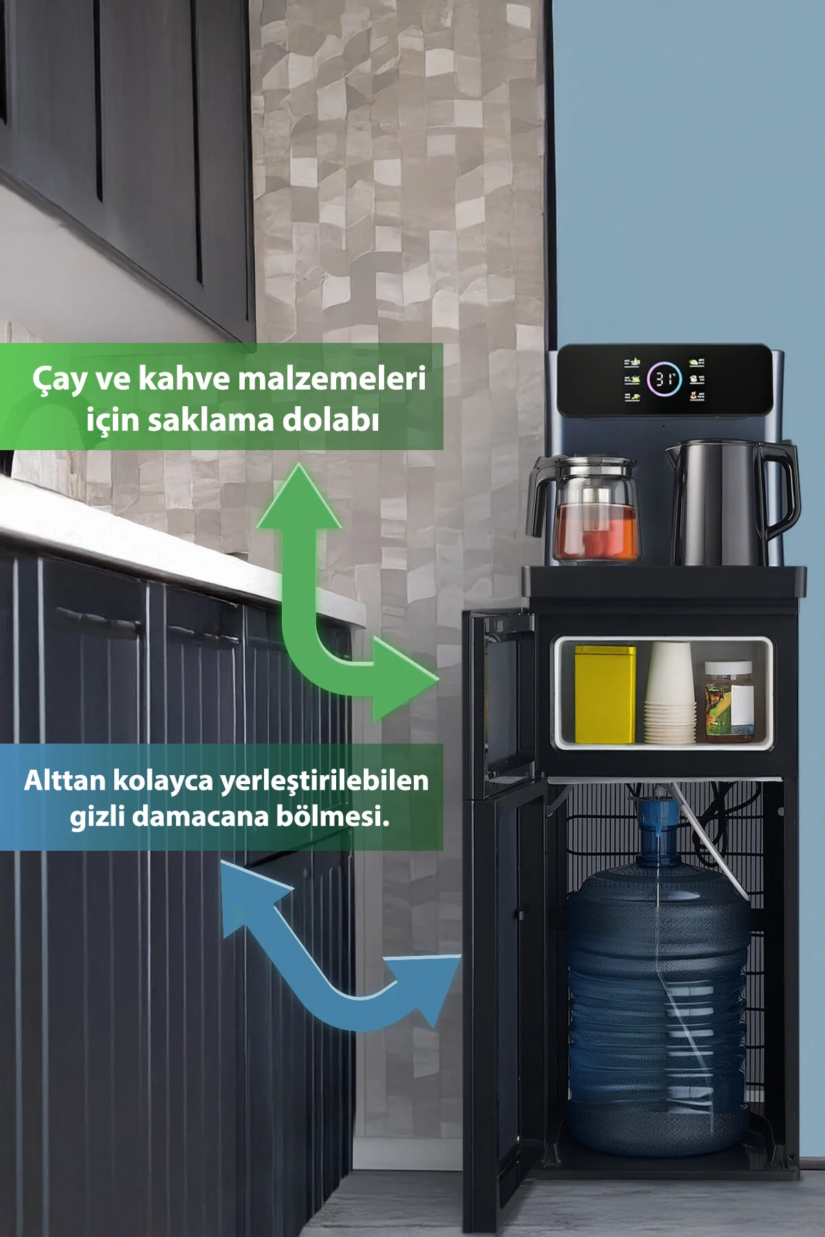 Kiwi Kwp-8570 Gizli Damacanalı , Dahili Otomatik Çaycılı, Sıcak Soğuk Dijital Su Sebili