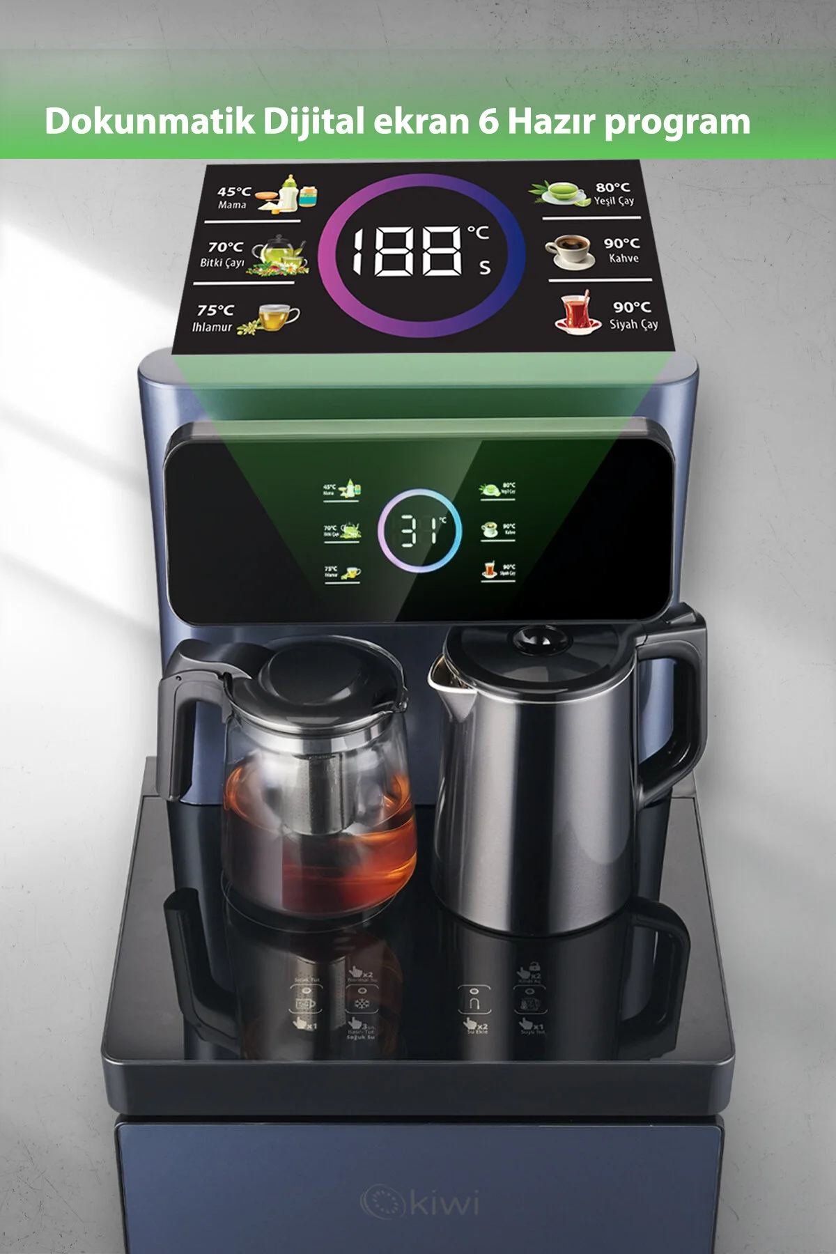 Kiwi Kwp-8570 Gizli Damacanalı , Dahili Otomatik Çaycılı, Sıcak Soğuk Dijital Su Sebili