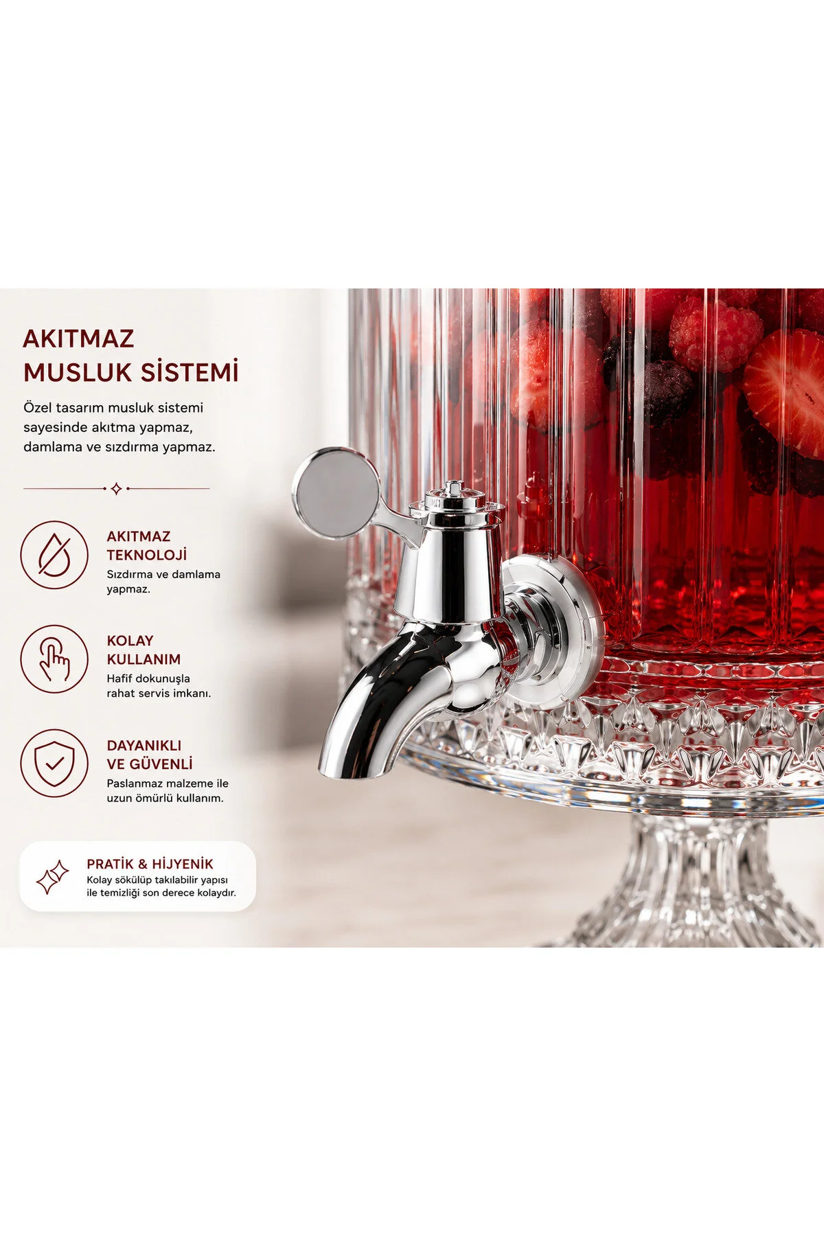 Kosova 4,5 LT Kristal Desenli Lüx Cam Sebil – Musluklu Ayaklı Limonata & İçecek Dispenseri