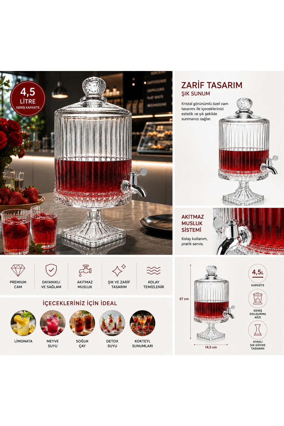 Kosova 4,5 LT Kristal Desenli Lüx Cam Sebil – Musluklu Ayaklı Limonata & İçecek Dispenseri