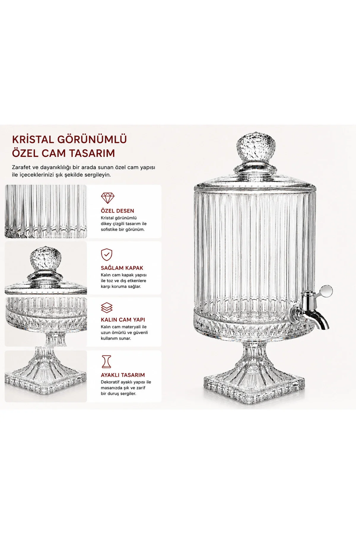 Kosova 4,5 LT Kristal Desenli Lüx Cam Sebil – Musluklu Ayaklı Limonata & İçecek Dispenseri
