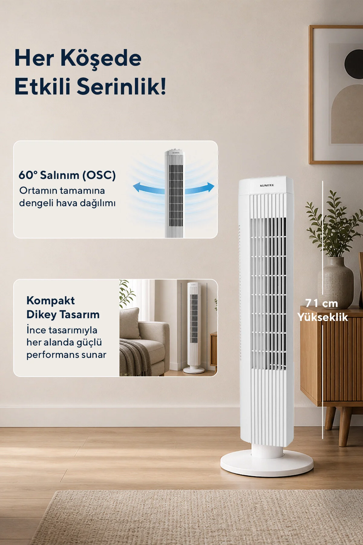 KUMTEL KTF-258W Kule Tipi Beyaz Vantilatör – 50W, Zaman Ayarlı, 3 Hız Kademeli, Sessiz Çalışma