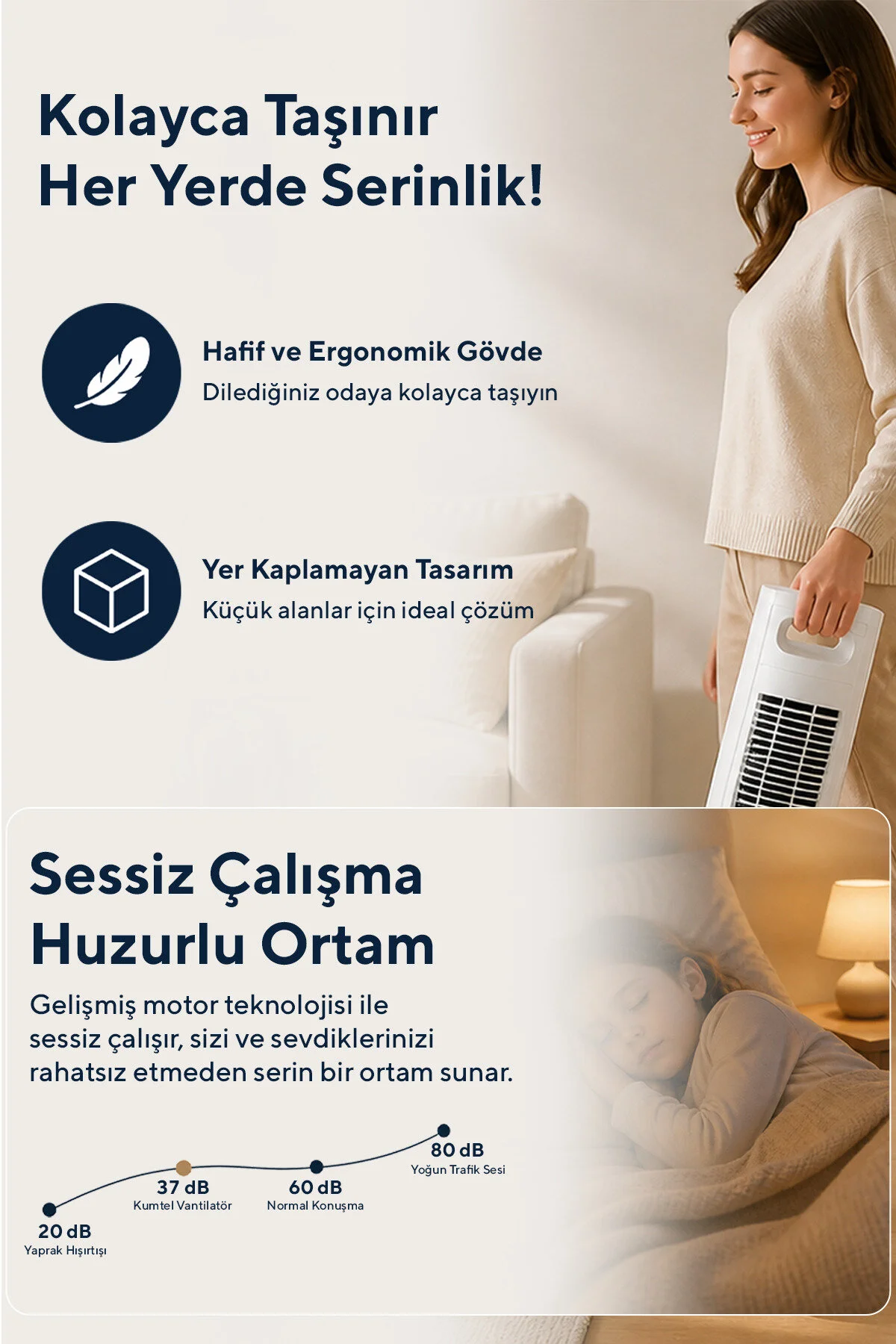 KUMTEL KTF-258W Kule Tipi Beyaz Vantilatör – 50W, Zaman Ayarlı, 3 Hız Kademeli, Sessiz Çalışma