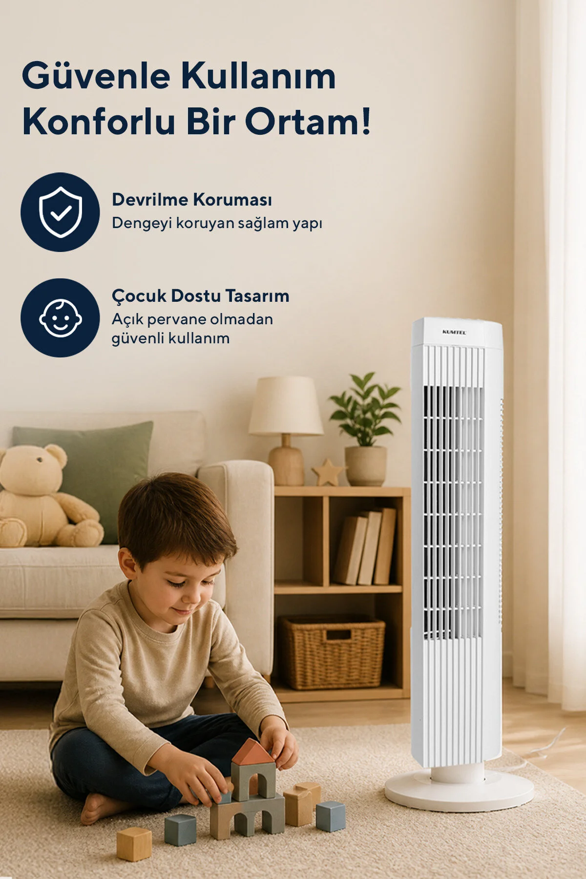 KUMTEL KTF-258W Kule Tipi Beyaz Vantilatör – 50W, Zaman Ayarlı, 3 Hız Kademeli, Sessiz Çalışma