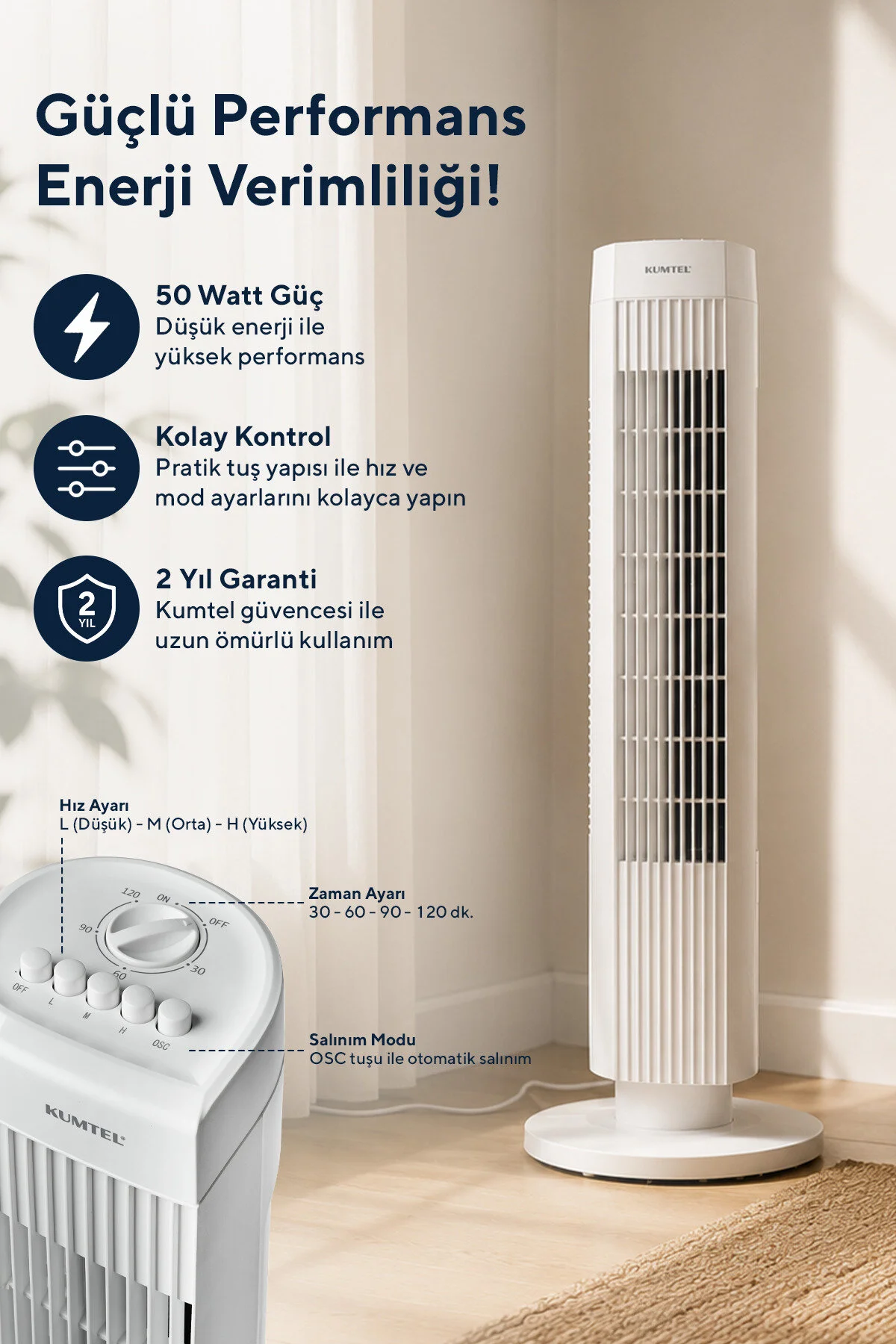 KUMTEL KTF-258W Kule Tipi Beyaz Vantilatör – 50W, Zaman Ayarlı, 3 Hız Kademeli, Sessiz Çalışma
