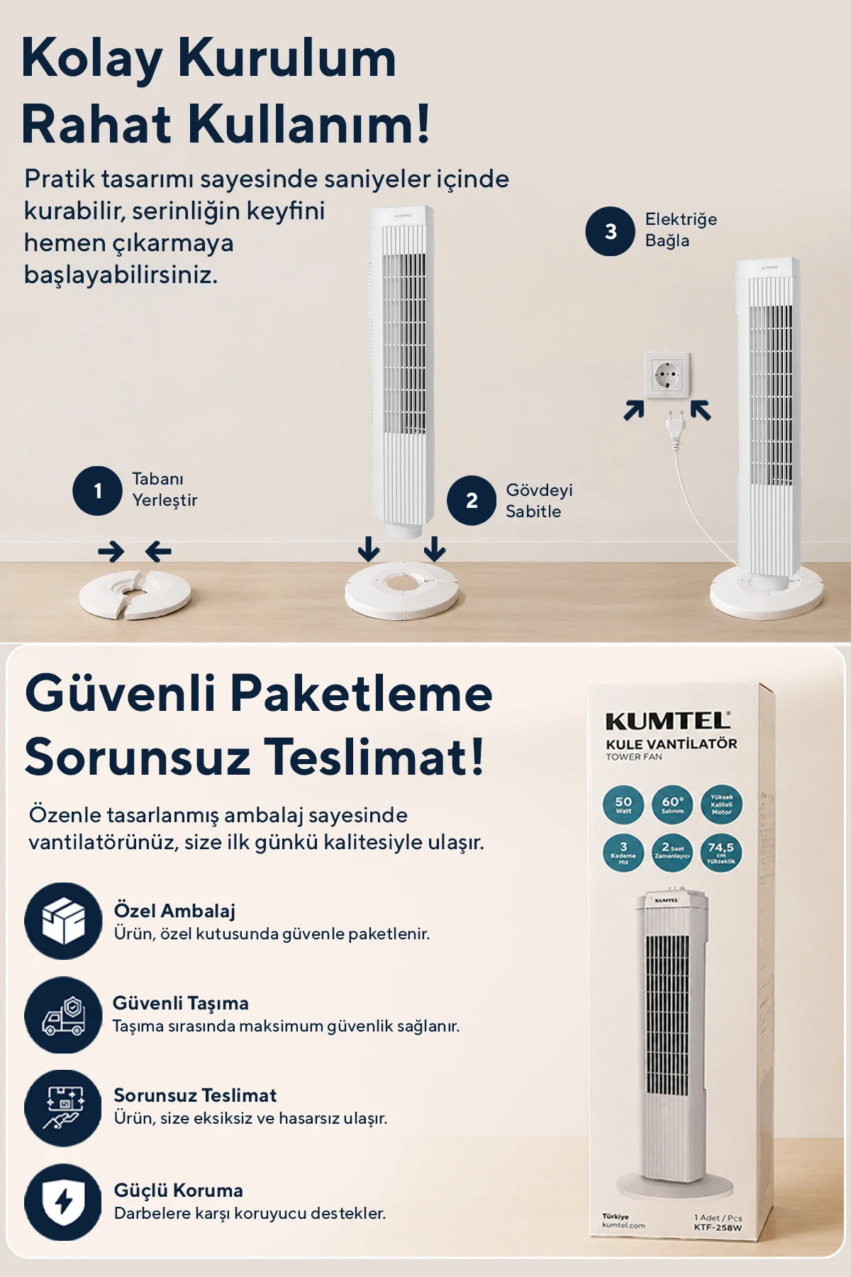 KUMTEL KTF-258W Kule Tipi Beyaz Vantilatör – 50W, Zaman Ayarlı, 3 Hız Kademeli, Sessiz Çalışma