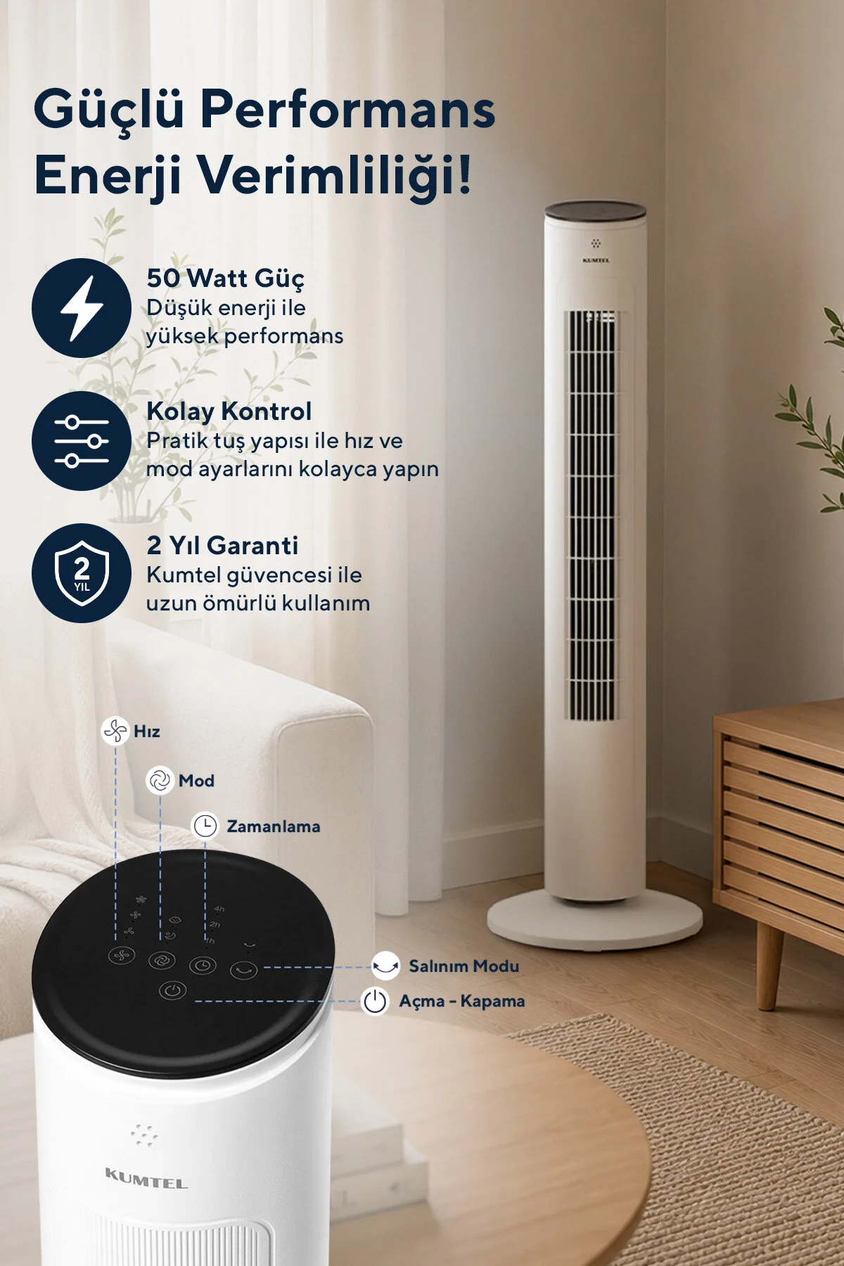 KUMTEL KTF-360 Kule Tipi Vantilatör Beyaz