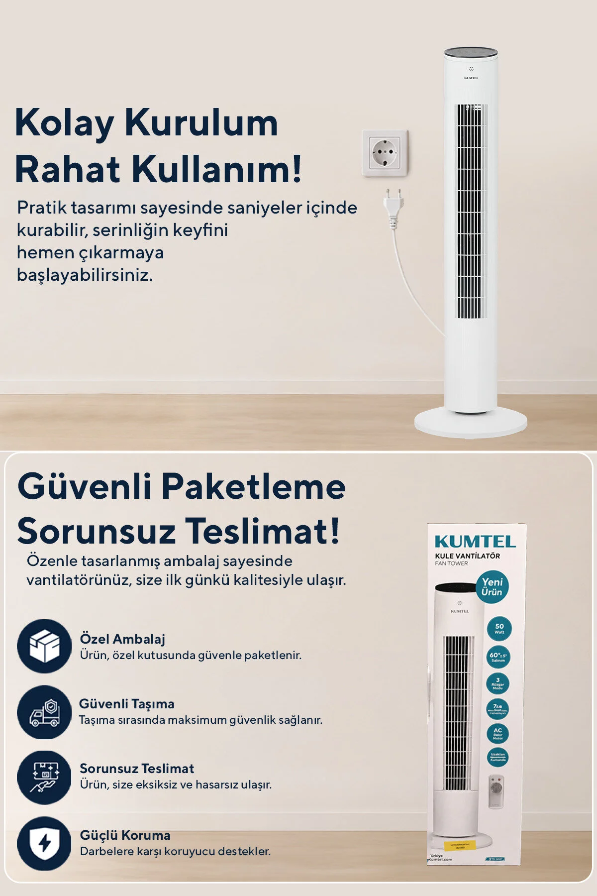KUMTEL KTF-360 Kule Tipi Vantilatör Beyaz