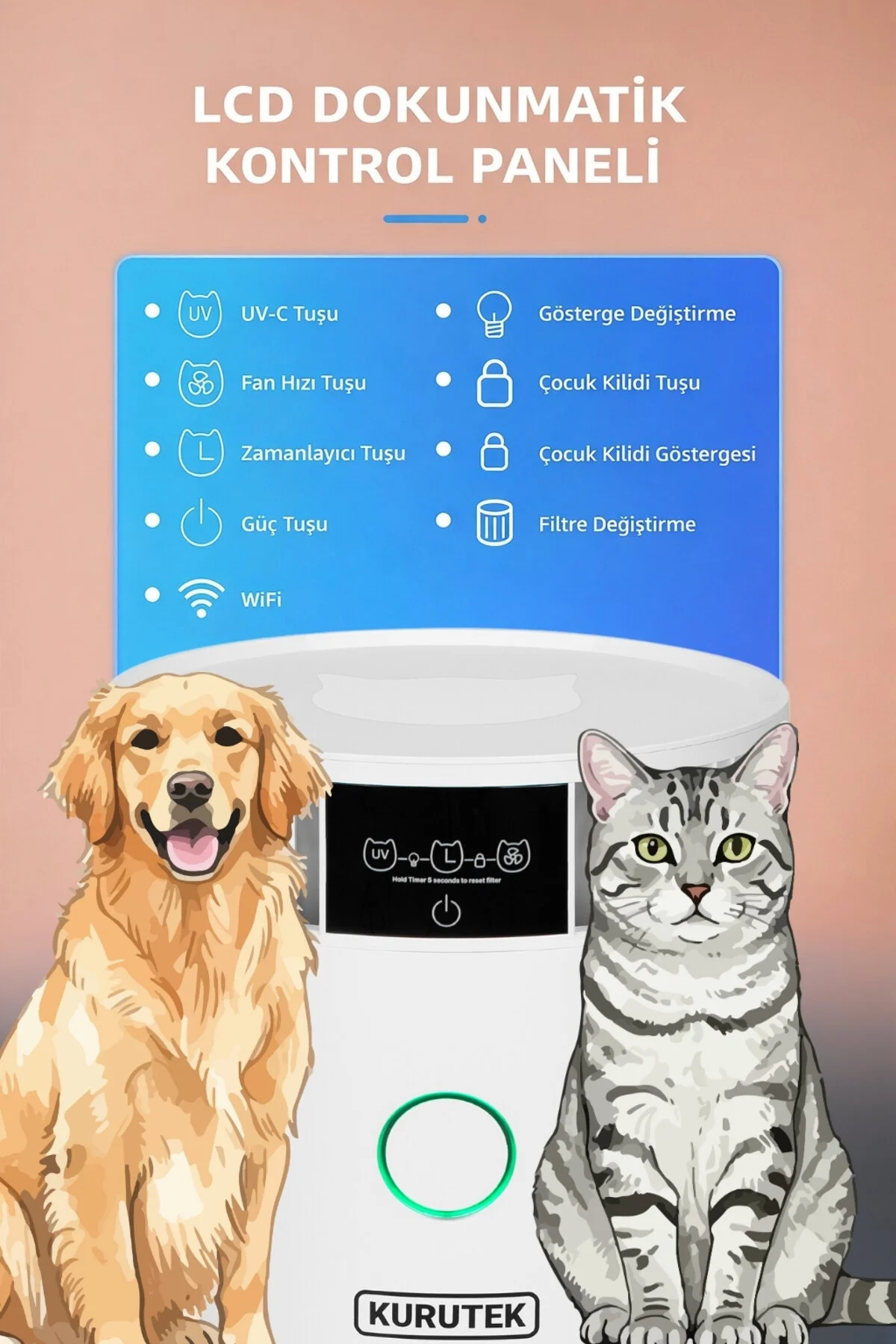 Kurutek PHT30 (Wi-Fi + UV-C PetCare + HEPA + Carbon) Akıllı Pet Hava Temizleme Cihazı