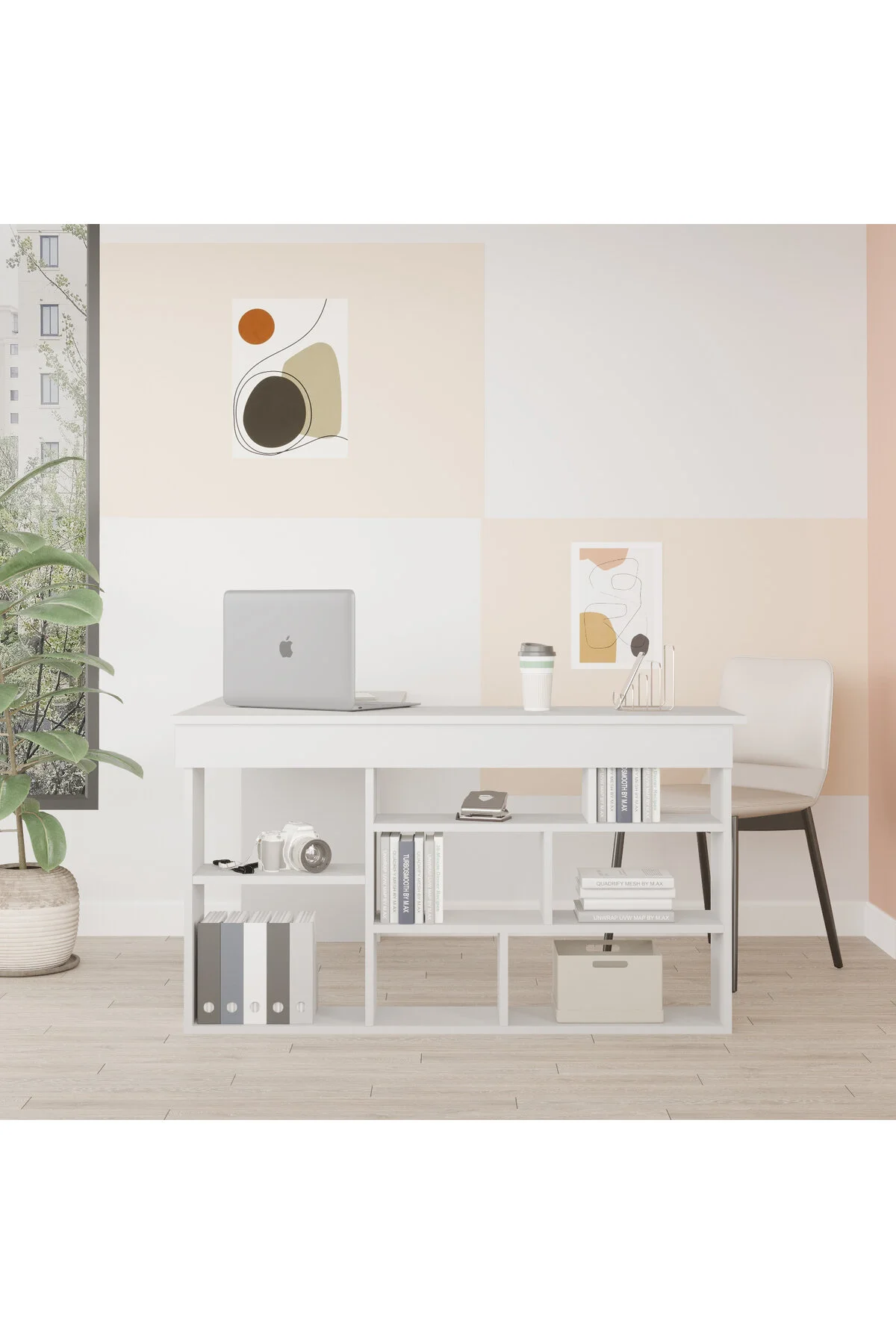 L'occi Concept Tyler Çalışma Masası Raflı Kitaplıklı Ofis Bilgisayar Masası Beyaz