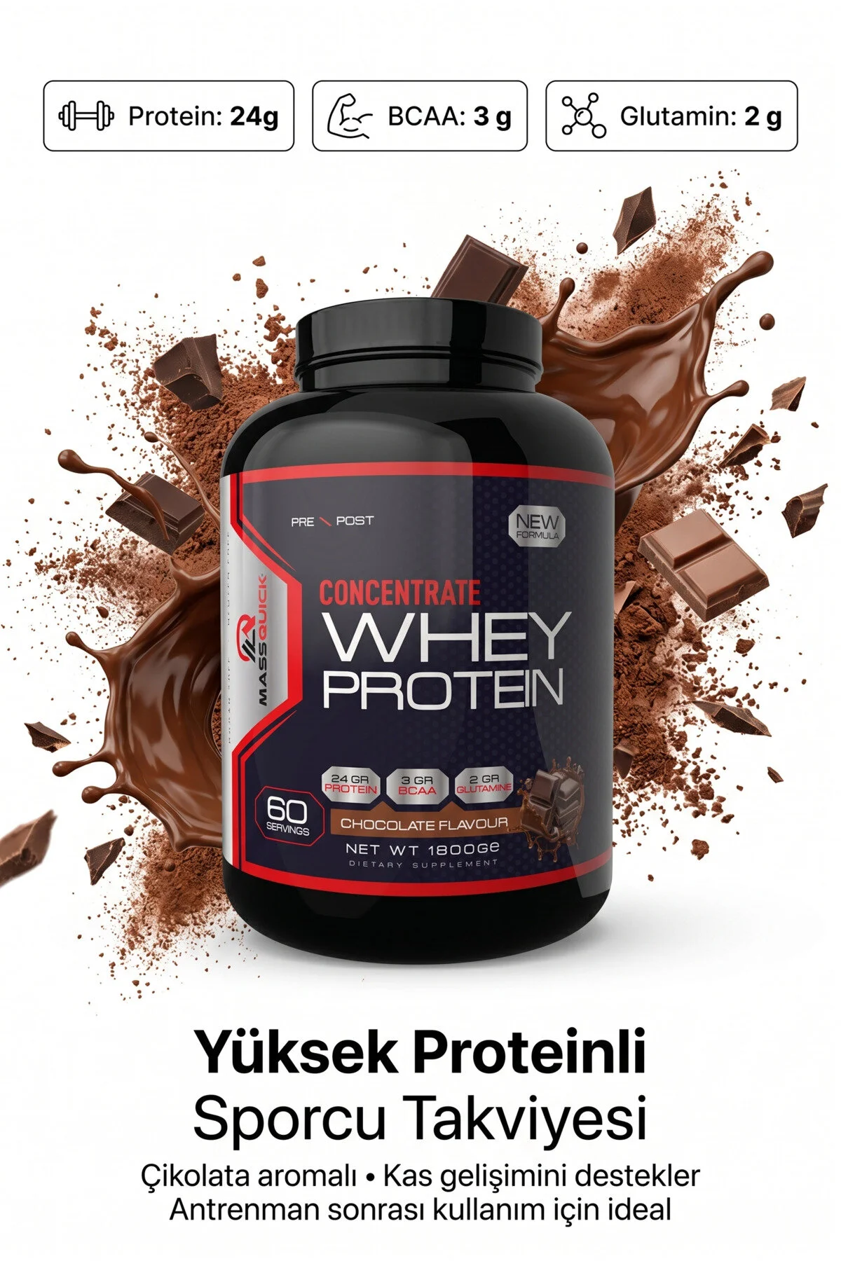 massquick Protein Tozu Çikolata Aromalı Whey Protein 1800g 60 Servis