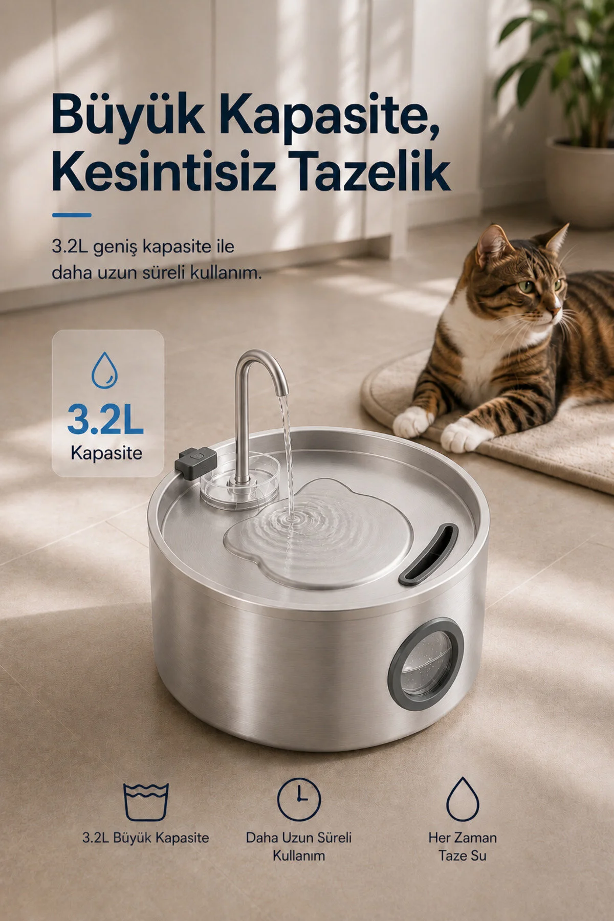 MAVLET 3.2L Paslanmaz Çelik Otomatik Kedi Su Pınarı - Büyük Kapasiteli Su Kabı, 6 Yedek Filtreli USB Kablolu