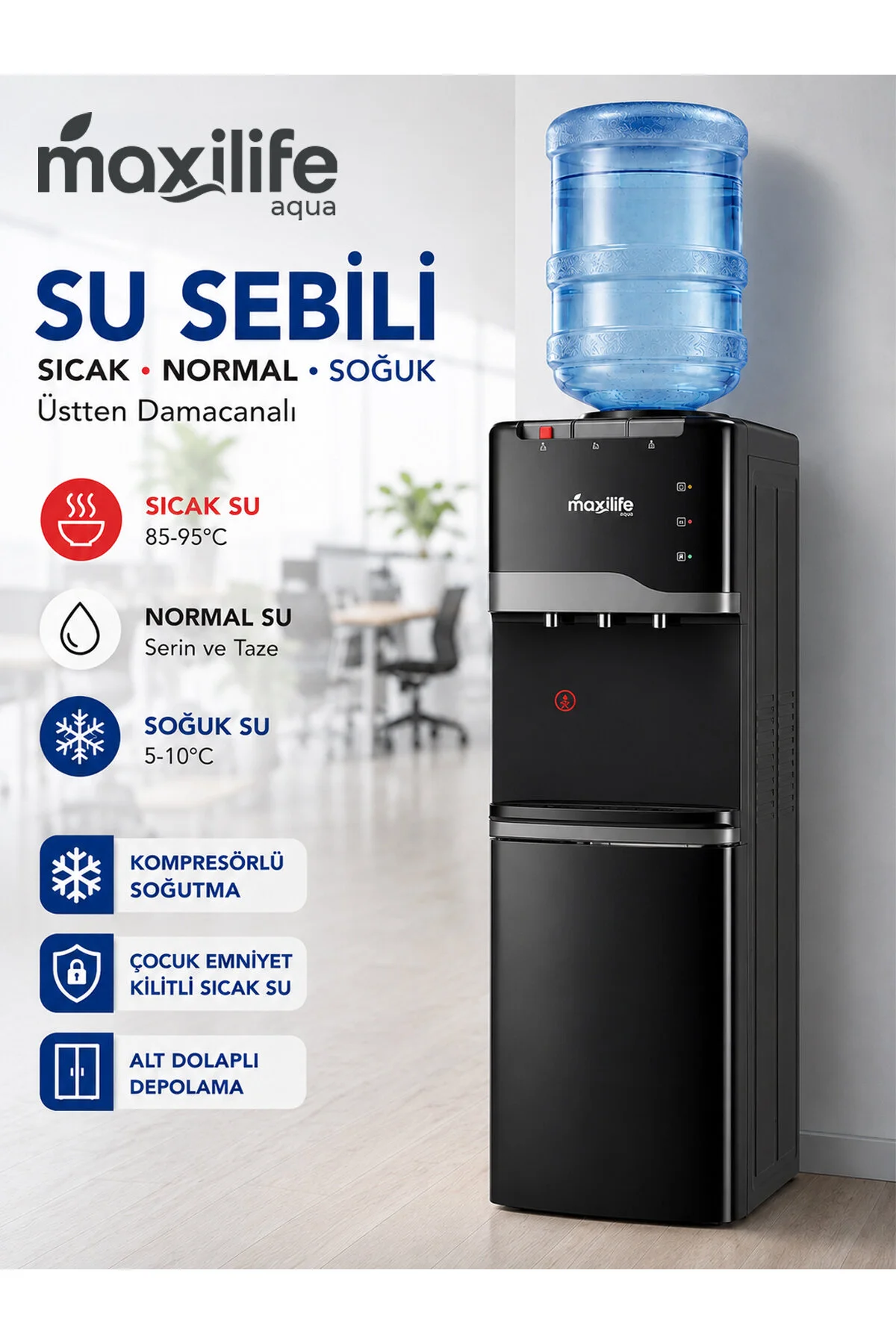 Maxilife Aqua Kompresörlü Su Sebili Sıcak Soğuk Normal Su Alt Dolaplı 3 Musluklu Su Sebili