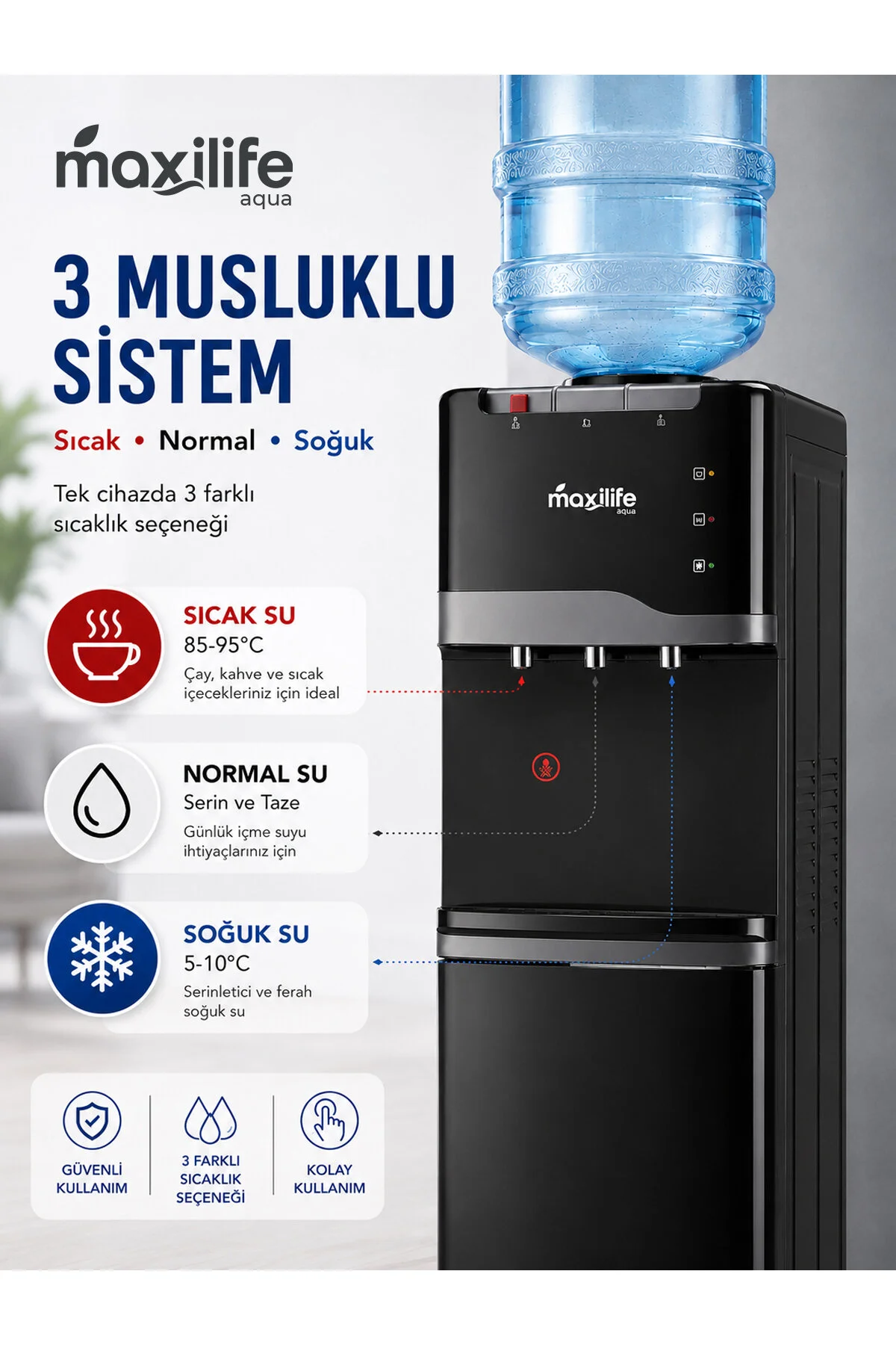 Maxilife Aqua Kompresörlü Su Sebili Sıcak Soğuk Normal Su Alt Dolaplı 3 Musluklu Su Sebili