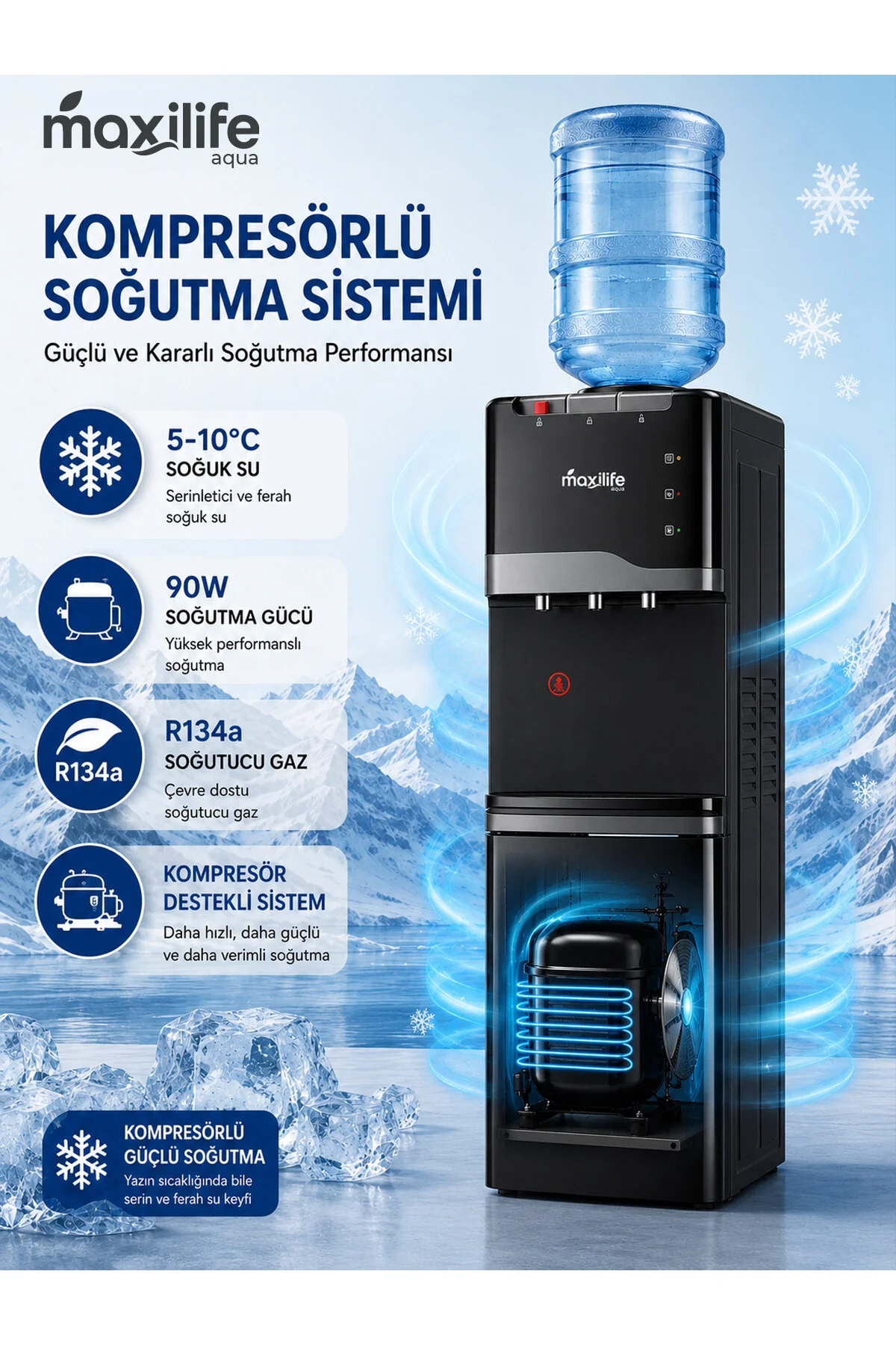 Maxilife Aqua Kompresörlü Su Sebili Sıcak Soğuk Normal Su Alt Dolaplı 3 Musluklu Su Sebili