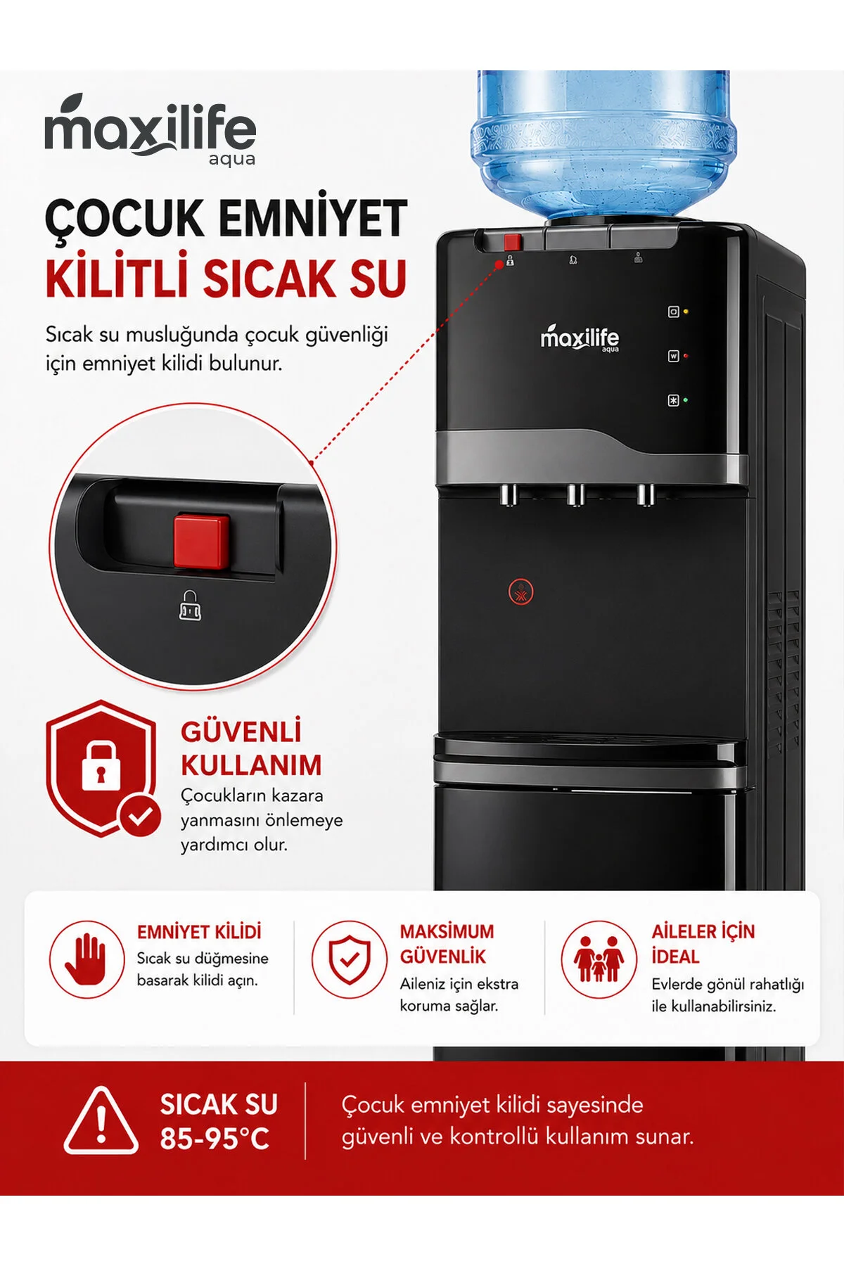 Maxilife Aqua Kompresörlü Su Sebili Sıcak Soğuk Normal Su Alt Dolaplı 3 Musluklu Su Sebili