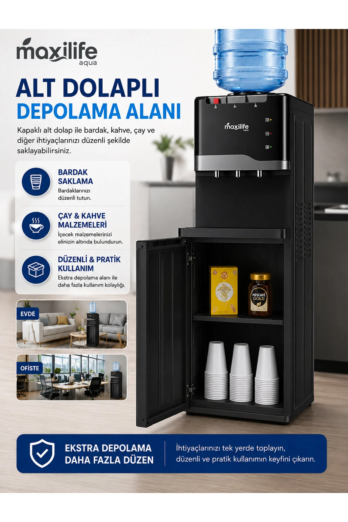 Maxilife Aqua Kompresörlü Su Sebili Sıcak Soğuk Normal Su Alt Dolaplı 3 Musluklu Su Sebili
