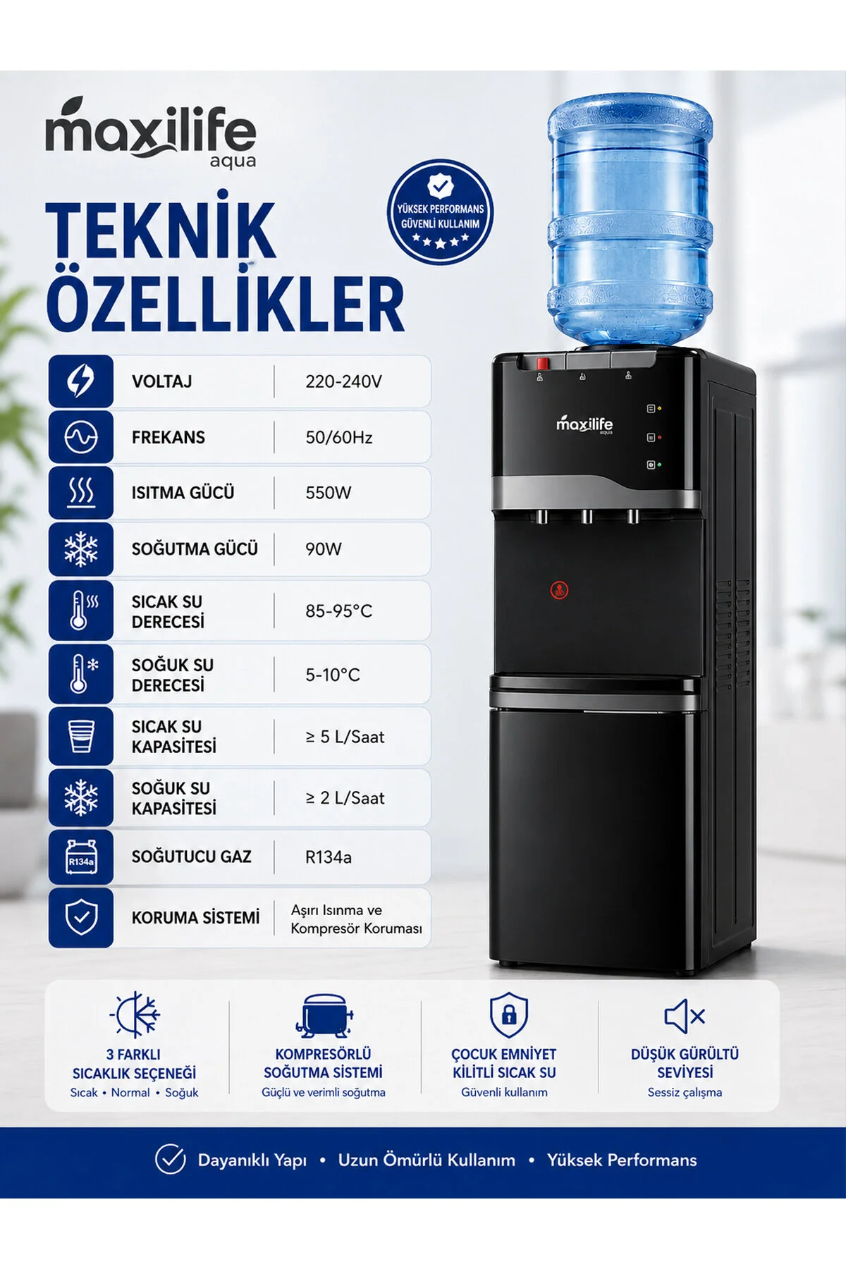 Maxilife Aqua Kompresörlü Su Sebili Sıcak Soğuk Normal Su Alt Dolaplı 3 Musluklu Su Sebili