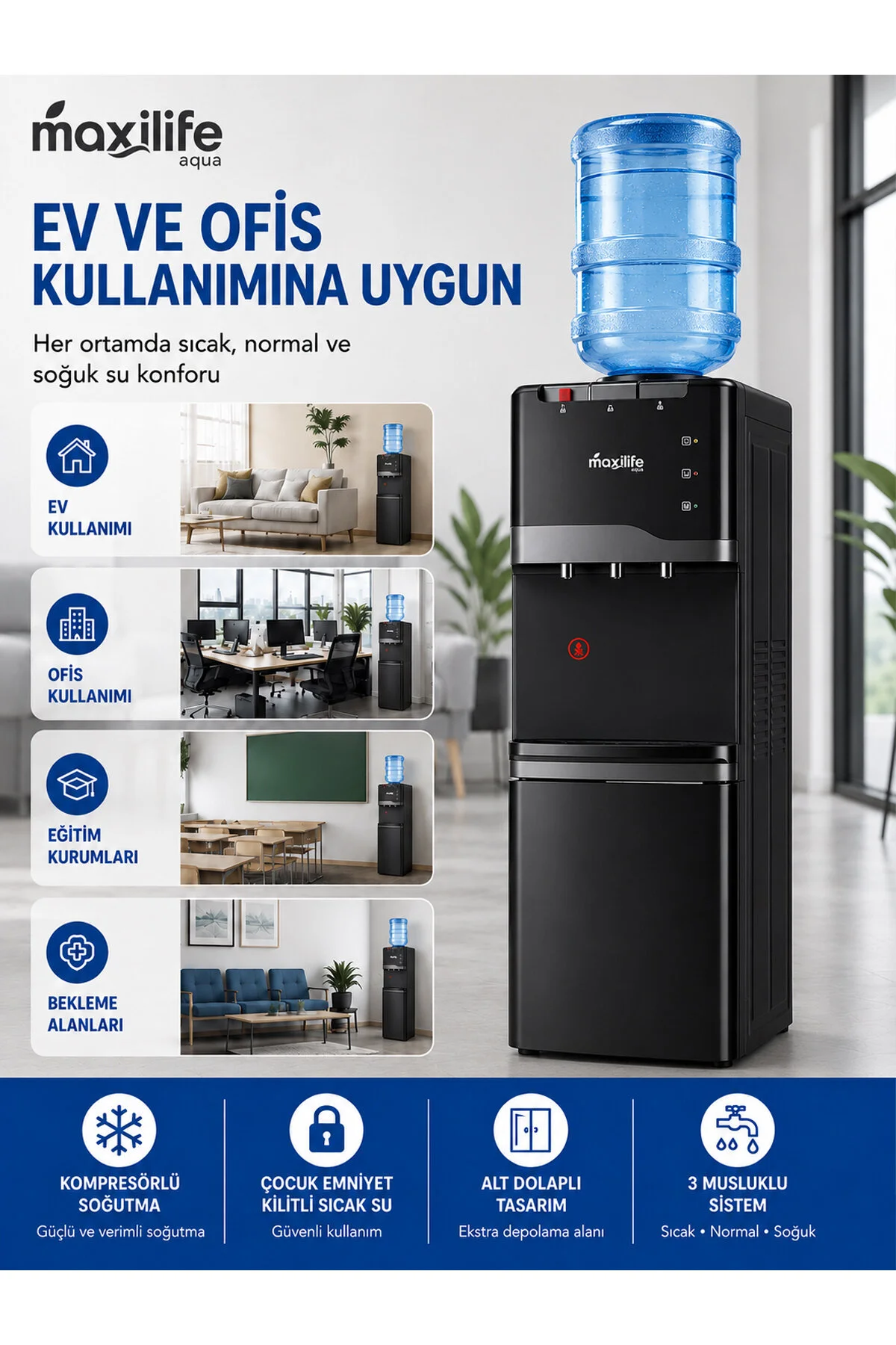 Maxilife Aqua Kompresörlü Su Sebili Sıcak Soğuk Normal Su Alt Dolaplı 3 Musluklu Su Sebili