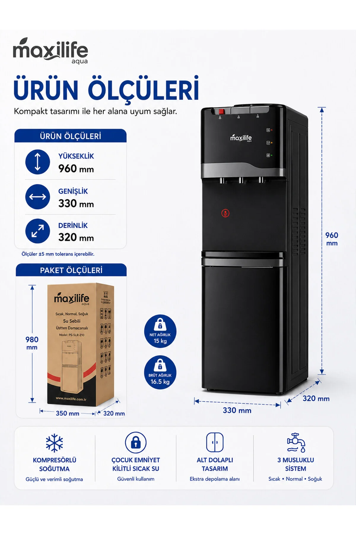 Maxilife Aqua Kompresörlü Su Sebili Sıcak Soğuk Normal Su Alt Dolaplı 3 Musluklu Su Sebili